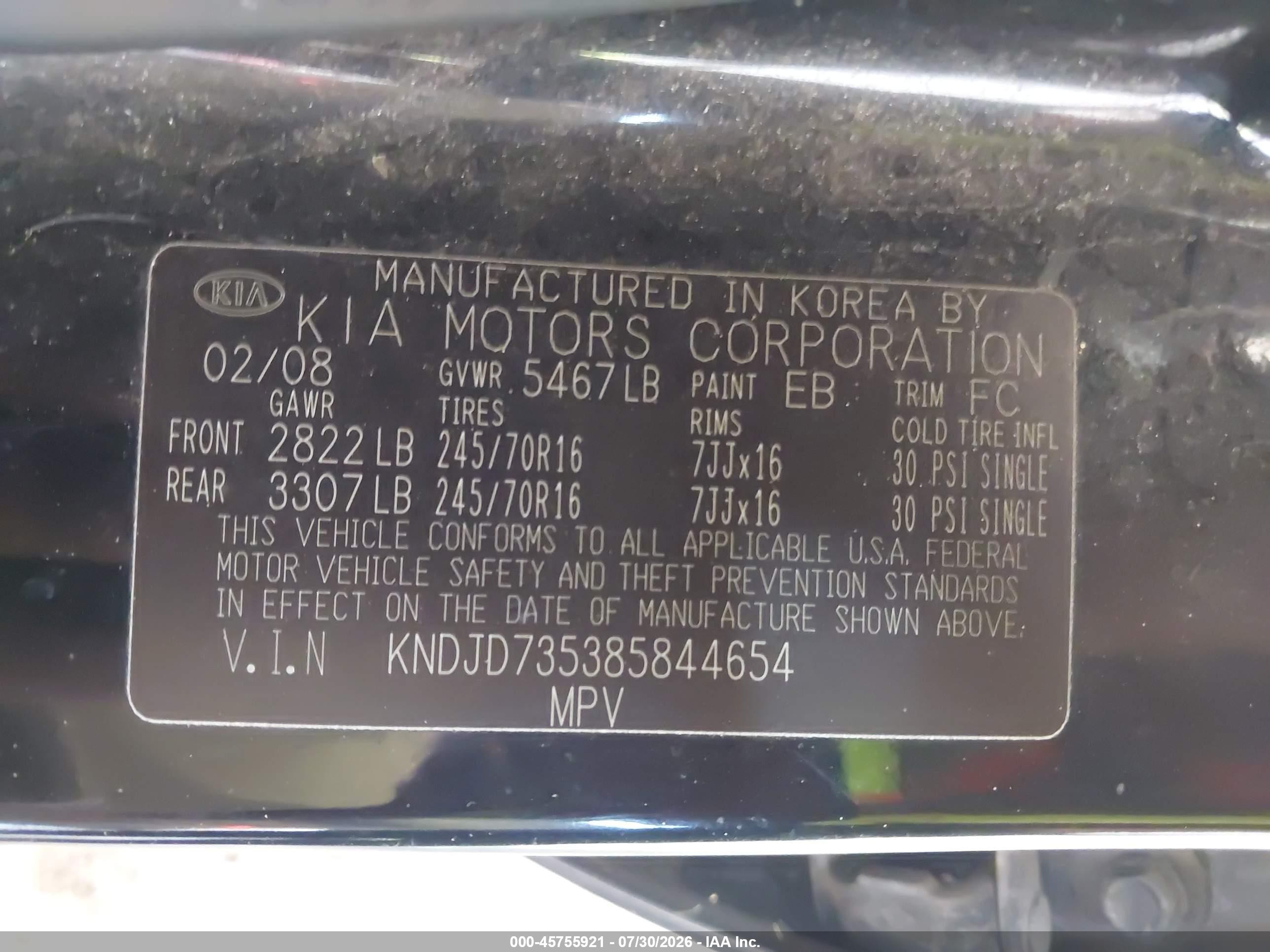 2008 Kia Sorento Lx Black vin: KNDJD735385844654