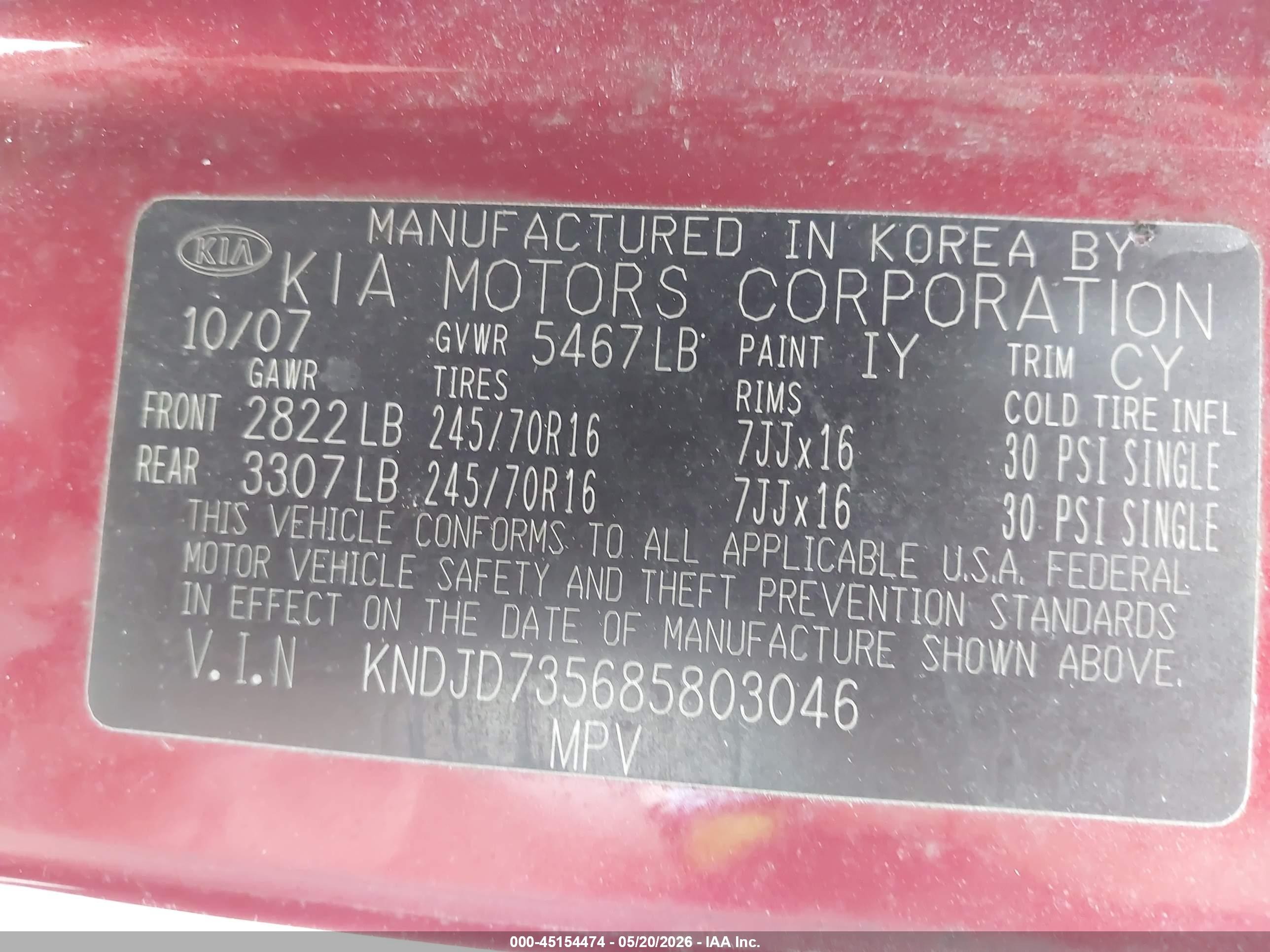2008 Kia Sorento Lx Red vin: KNDJD735685803046