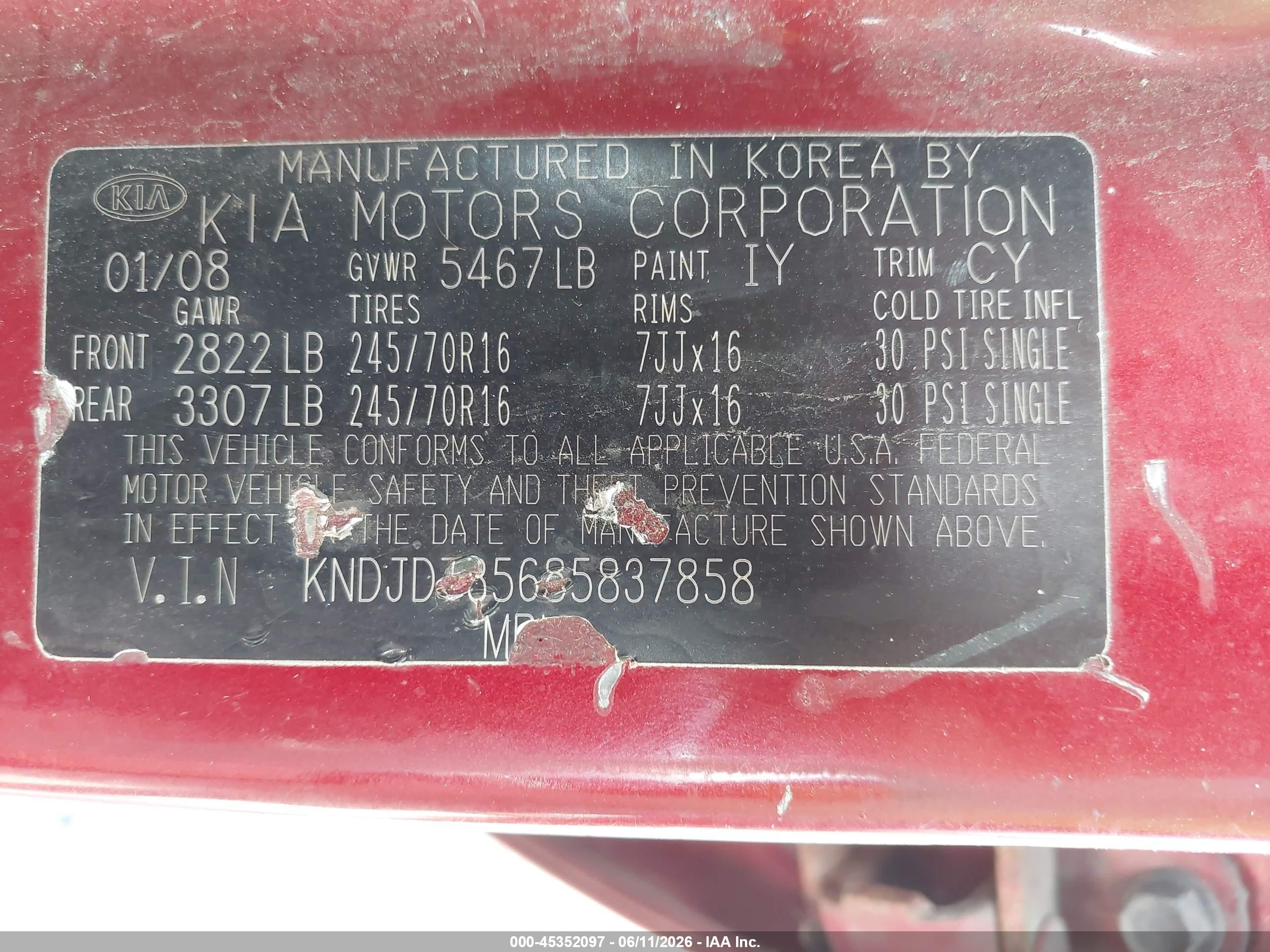 2008 Kia Sorento Lx Base Red vin: KNDJD735685837858