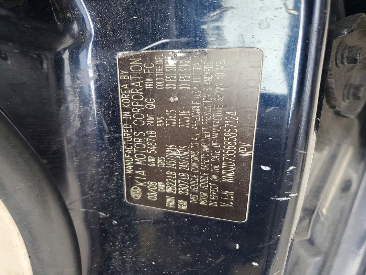 2008 Kia Sorento Base Blue vin: KNDJD735685857124