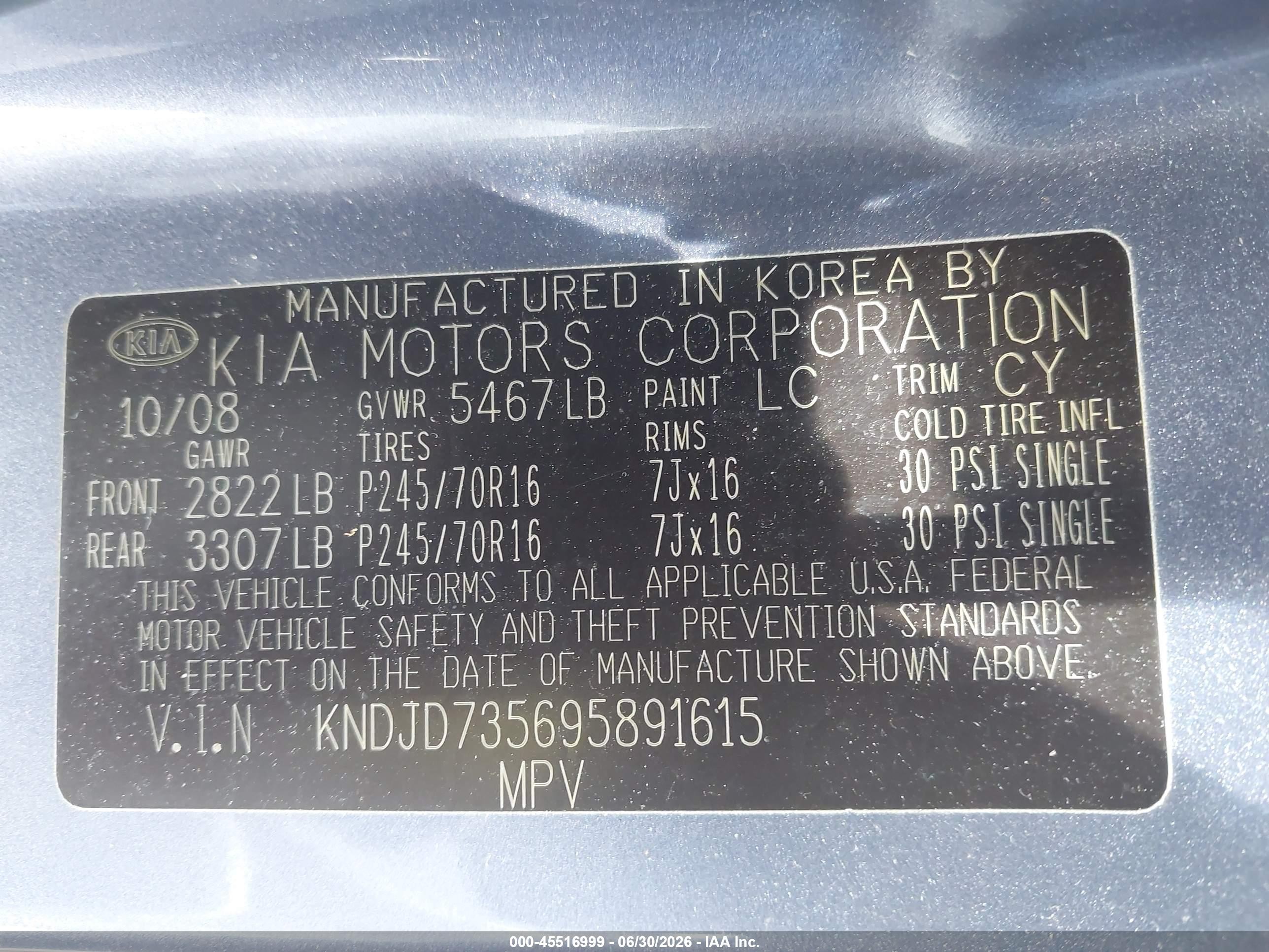 2009 Kia Sorento Lx Blue vin: KNDJD735695891615