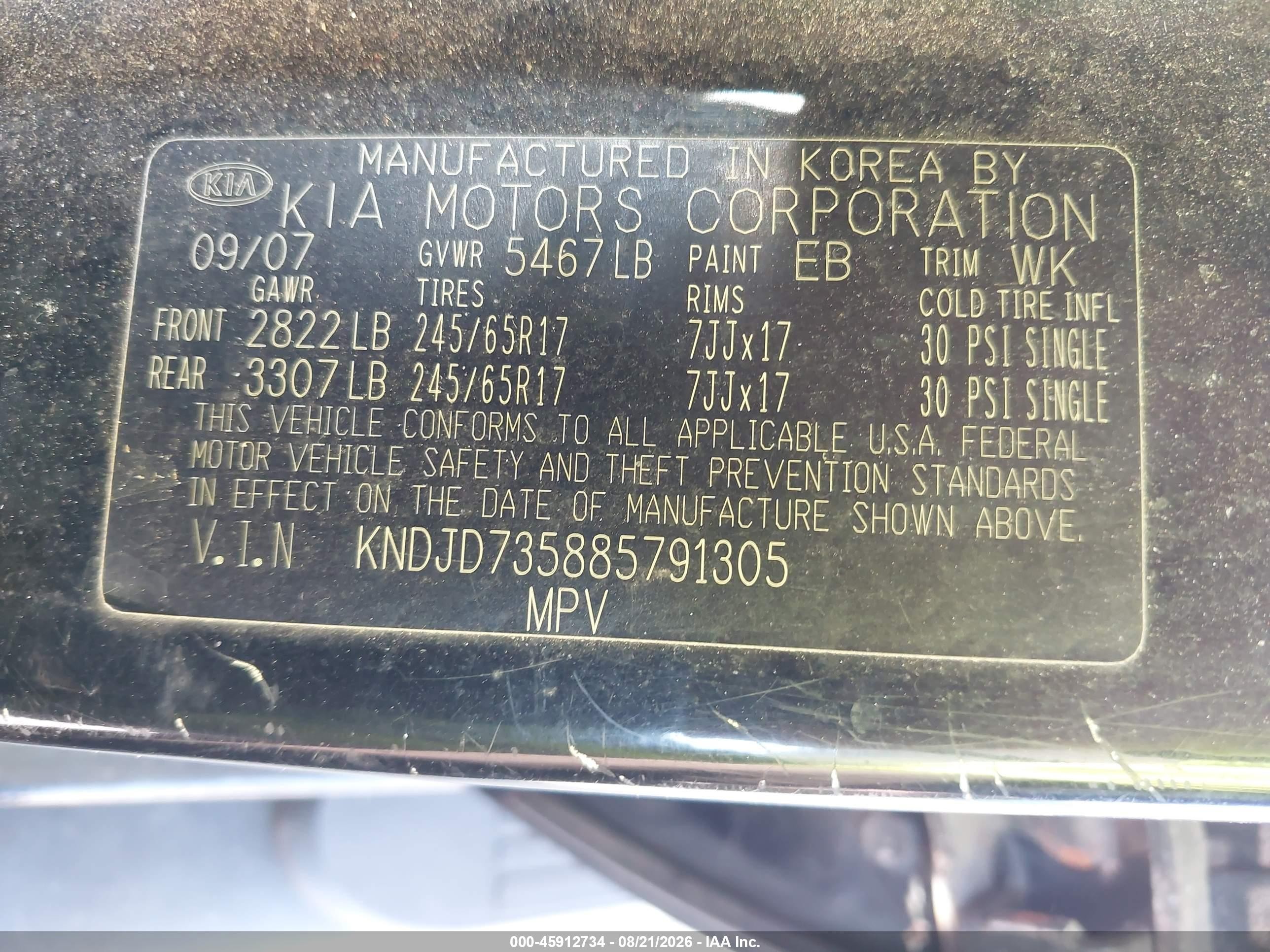 2008 Kia Sorento Lx Black vin: KNDJD735885791305