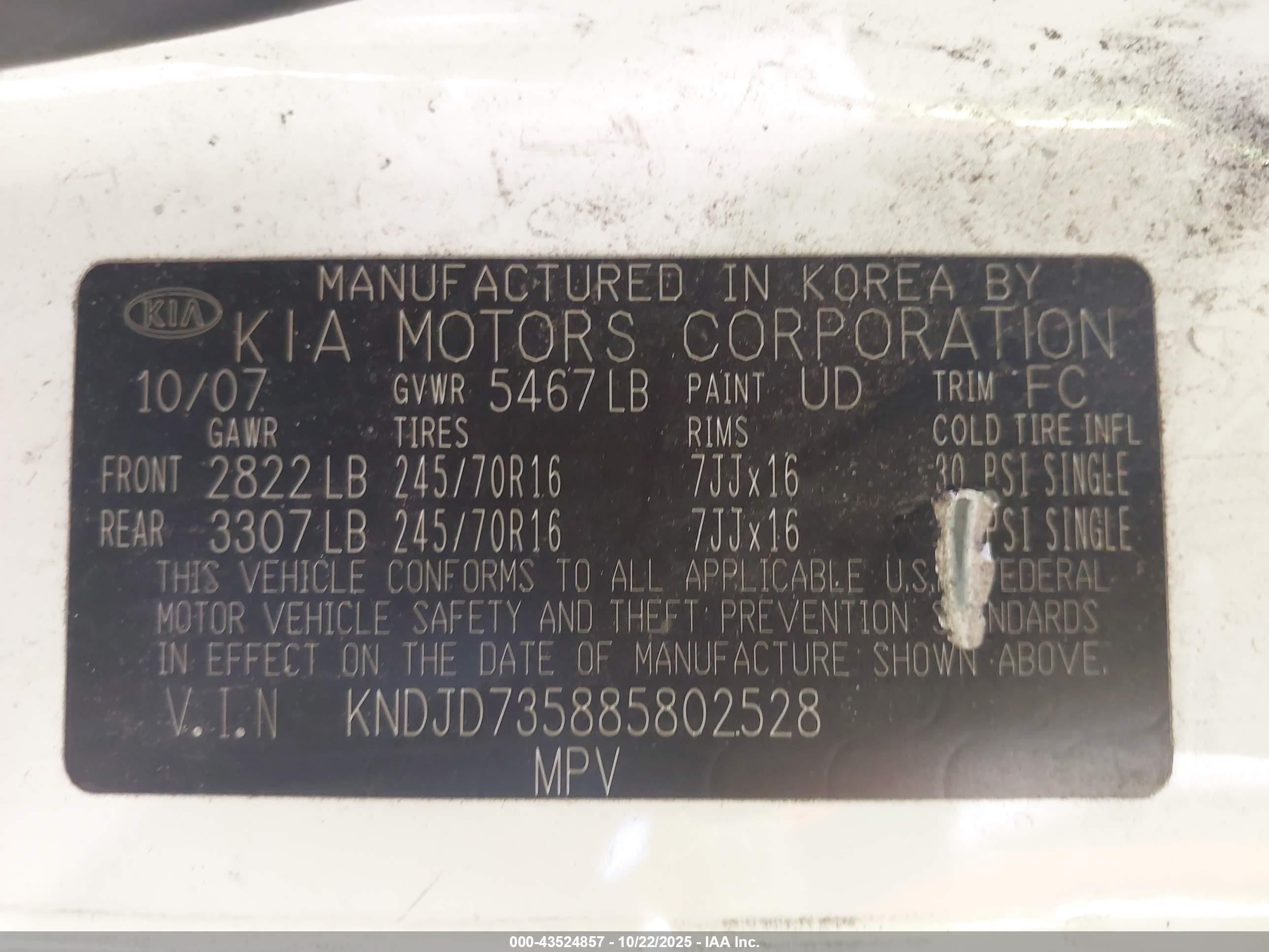 2008 Kia Sorento Lx Base White vin: KNDJD735885802528