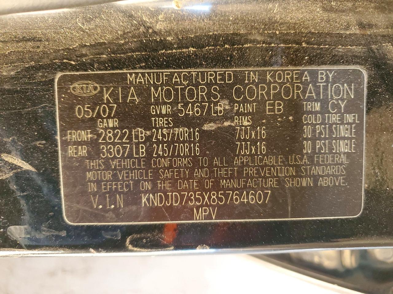 2008 Kia Sorento Base Black vin: KNDJD735X85764607