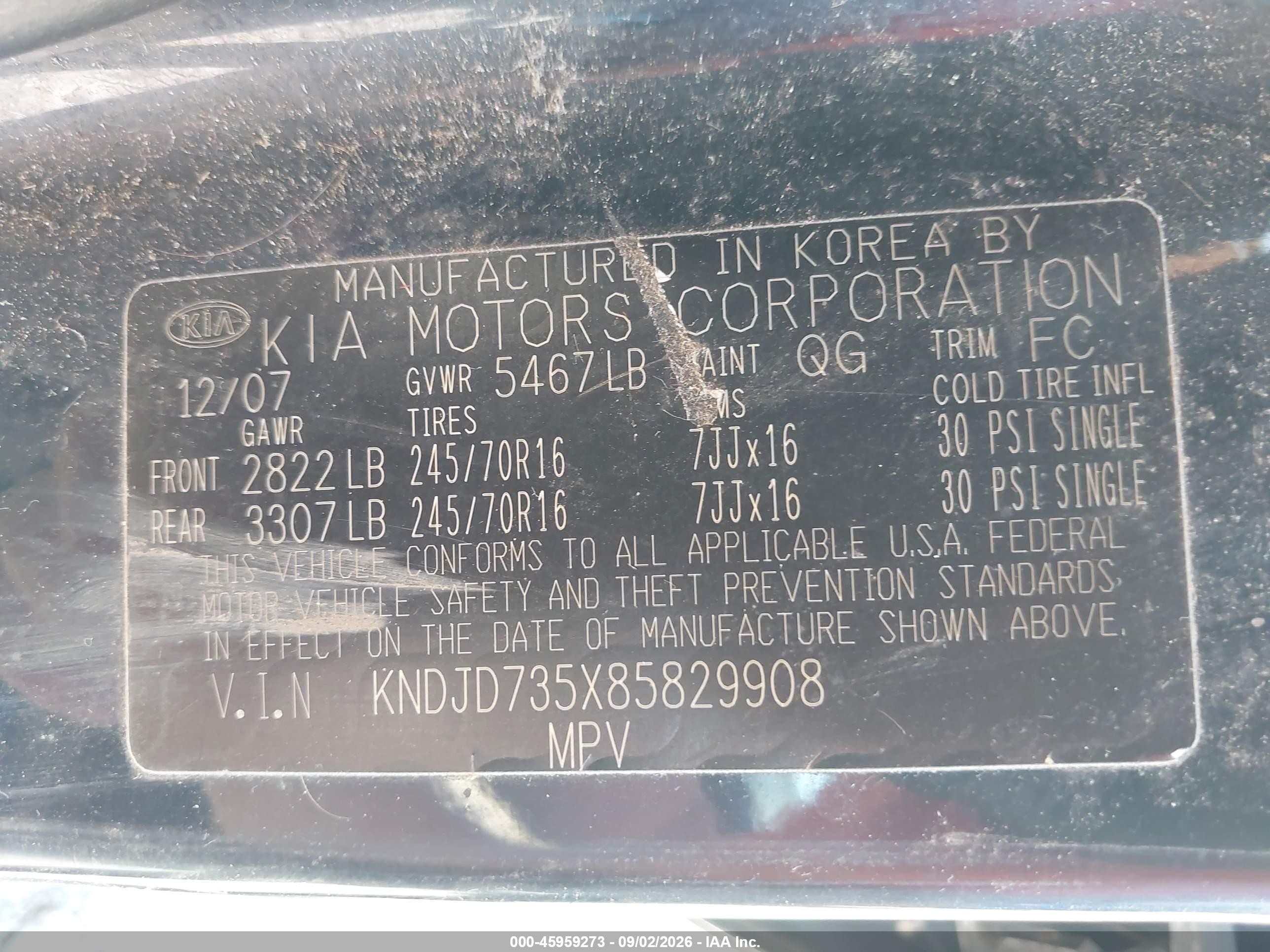 2008 Kia Sorento Lx Black vin: KNDJD735X85829908
