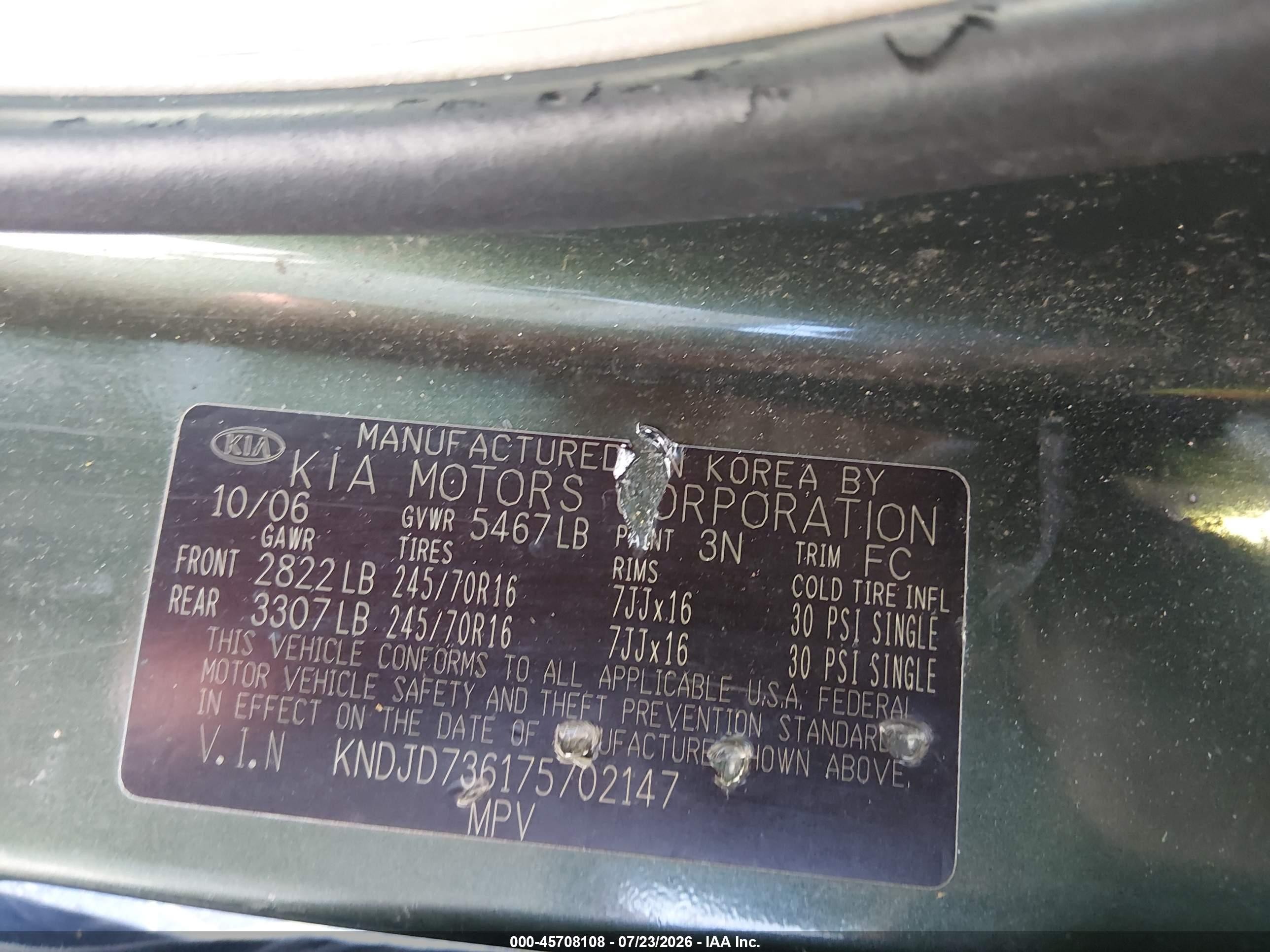 2007 Kia Sorento Lx Green vin: KNDJD736175702147