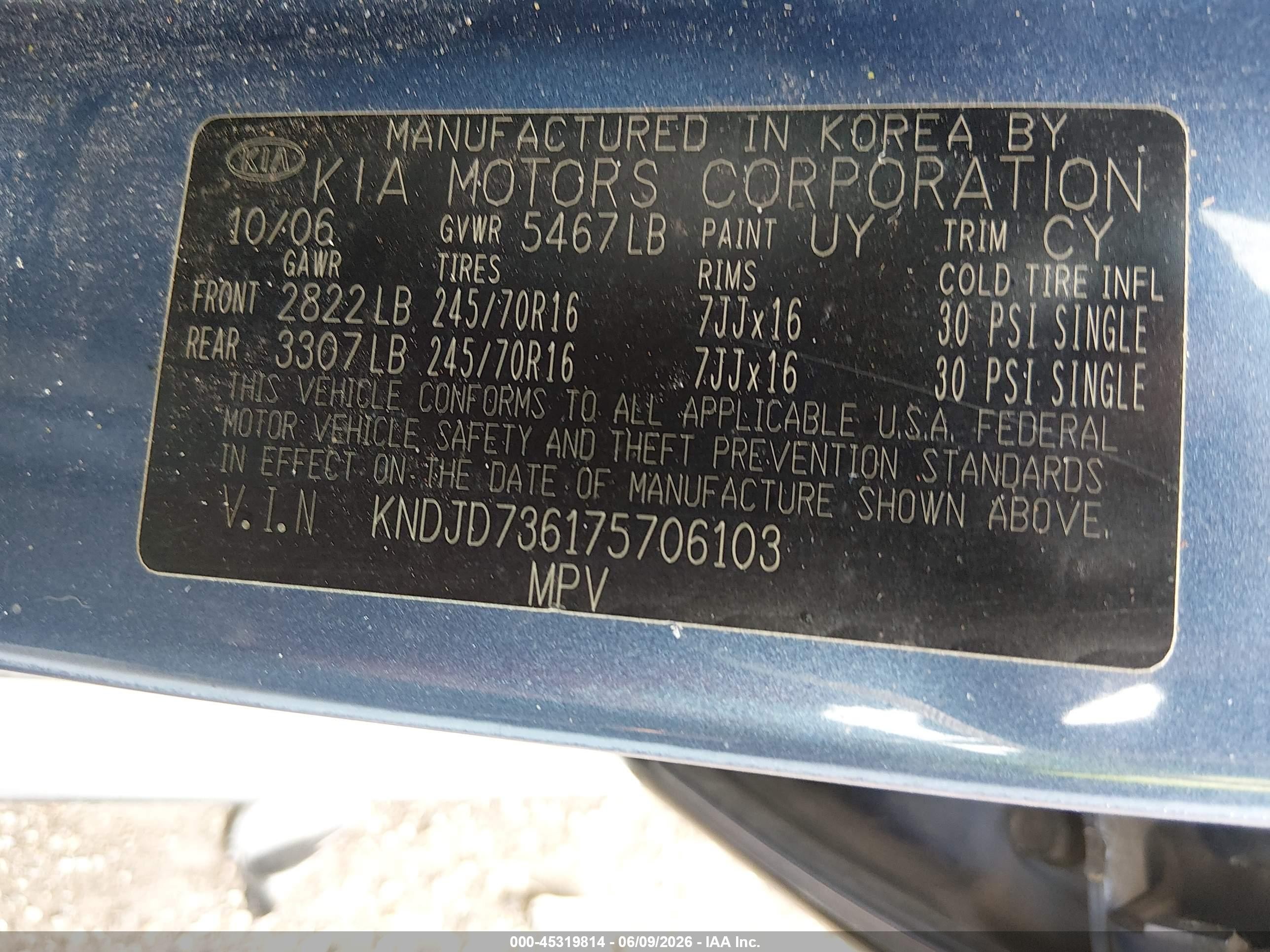 2007 Kia Sorento Ex Blue vin: KNDJD736175706103