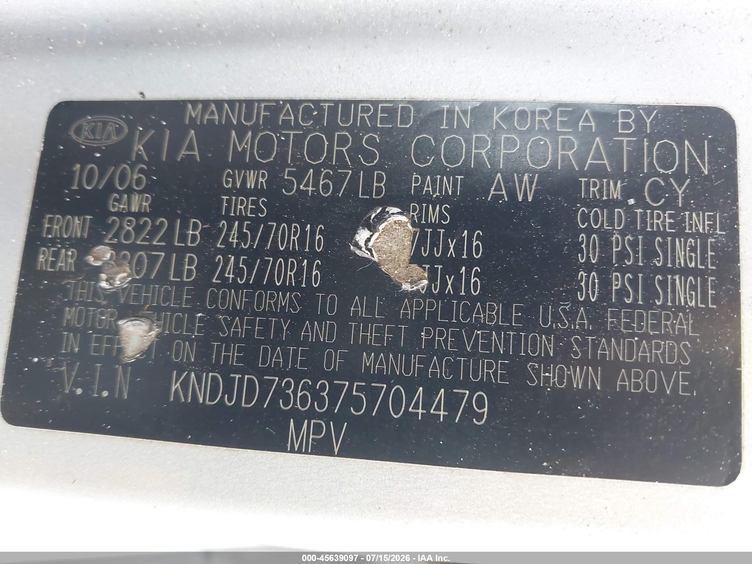 2007 Kia Sorento Ex Silver vin: KNDJD736375704479