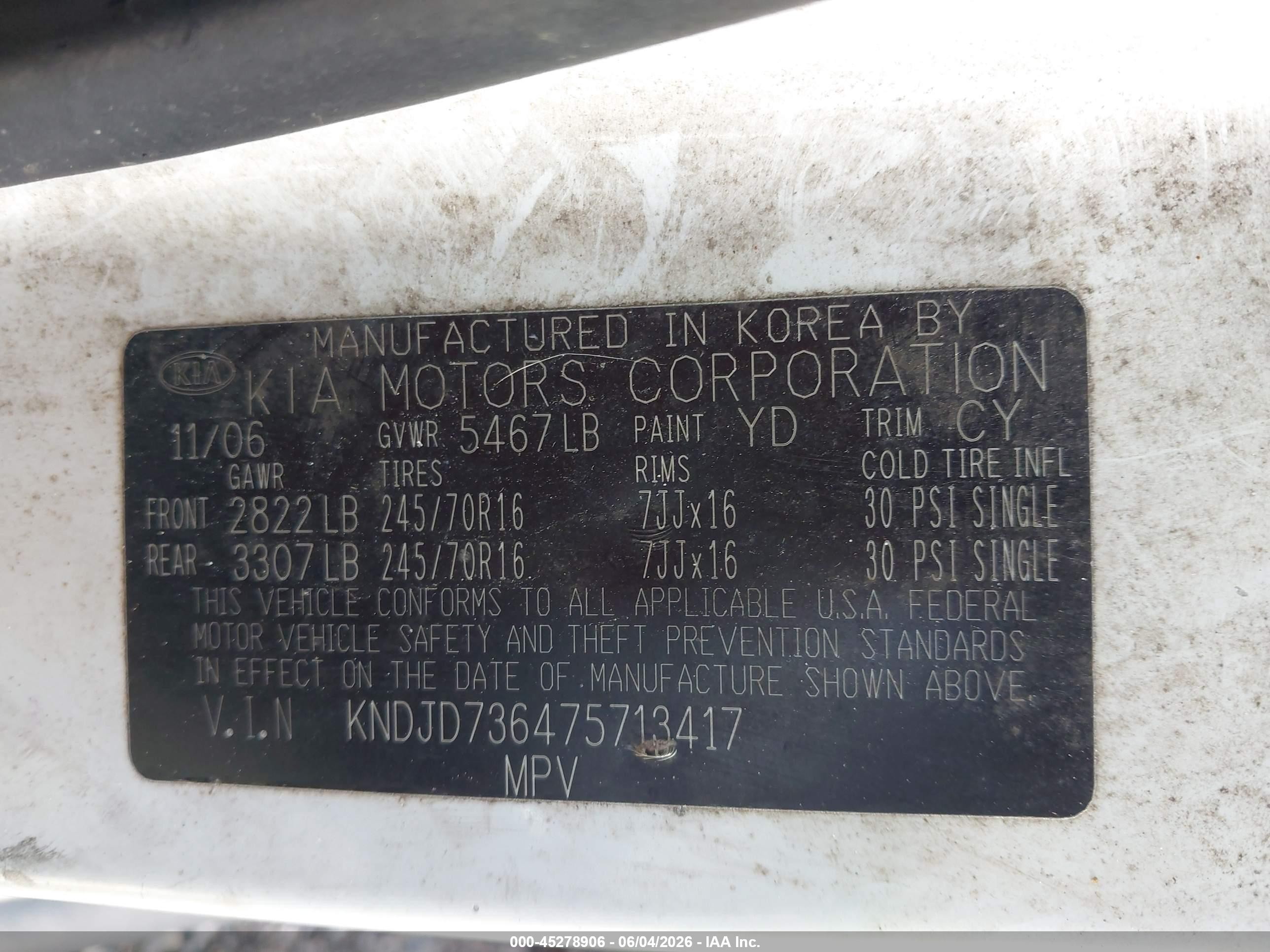 2007 Kia Sorento Ex White vin: KNDJD736475713417
