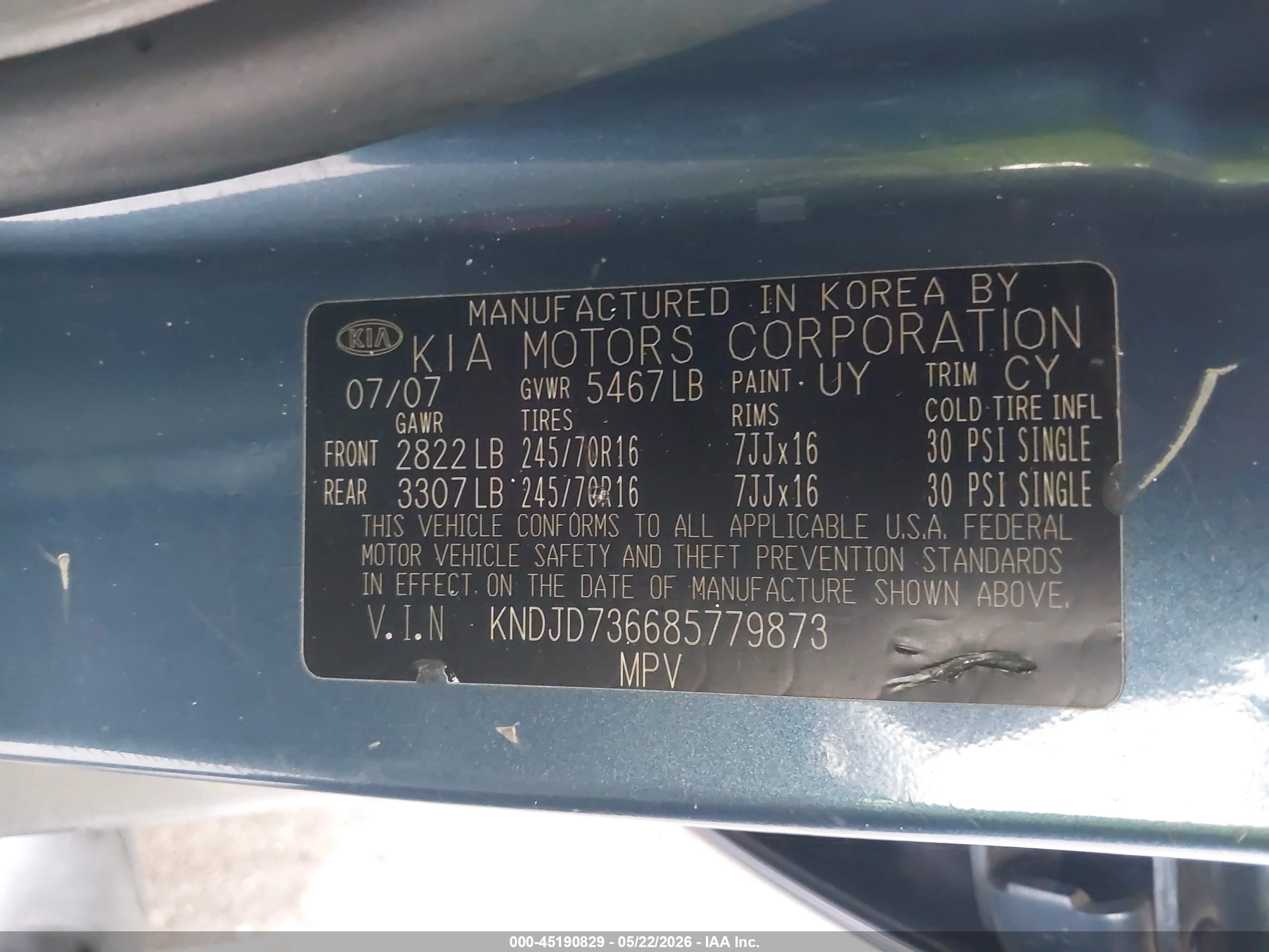 2008 Kia Sorento Ex Blue vin: KNDJD736685779873