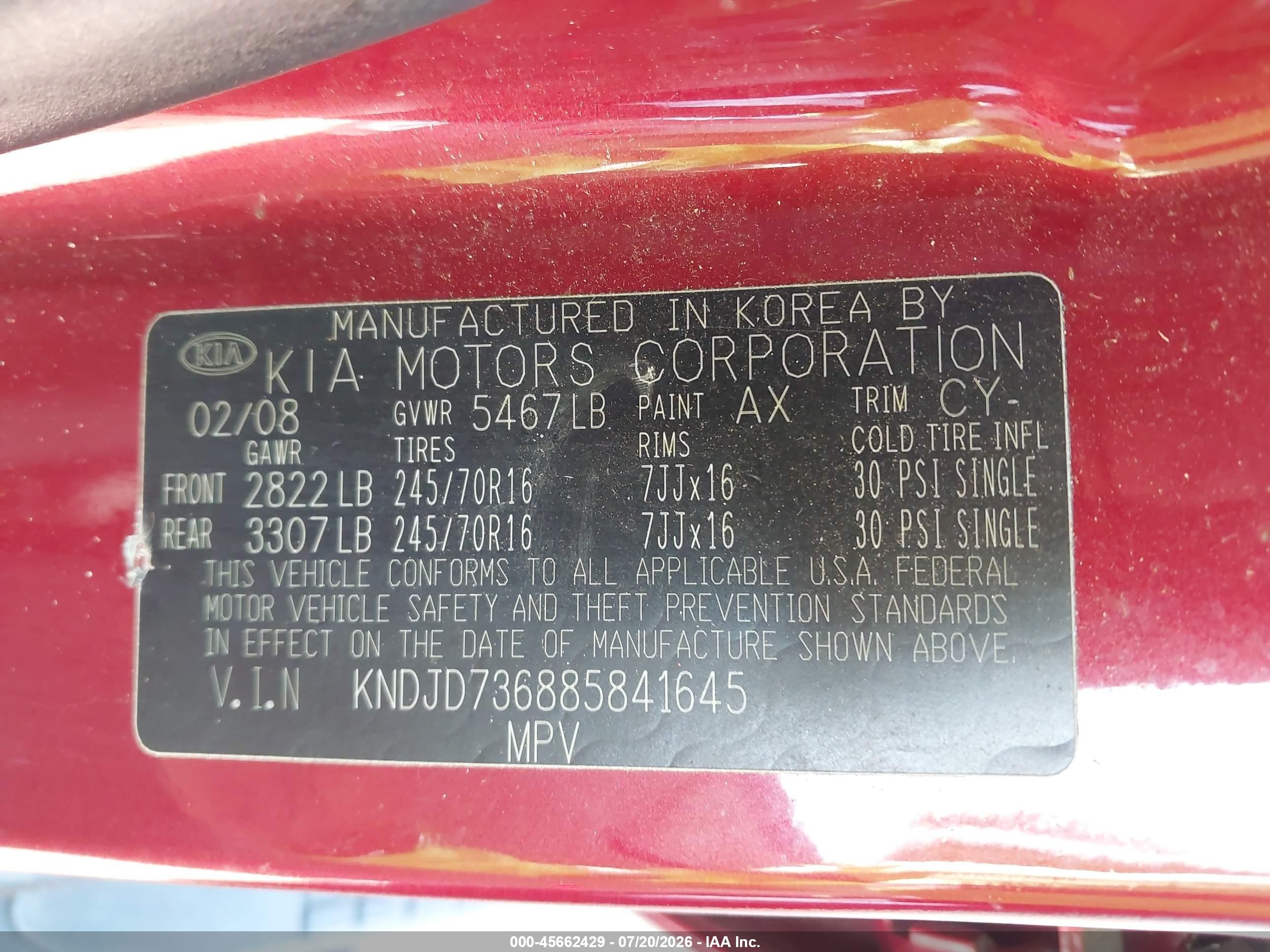 2008 Kia Sorento Ex Red vin: KNDJD736885841645