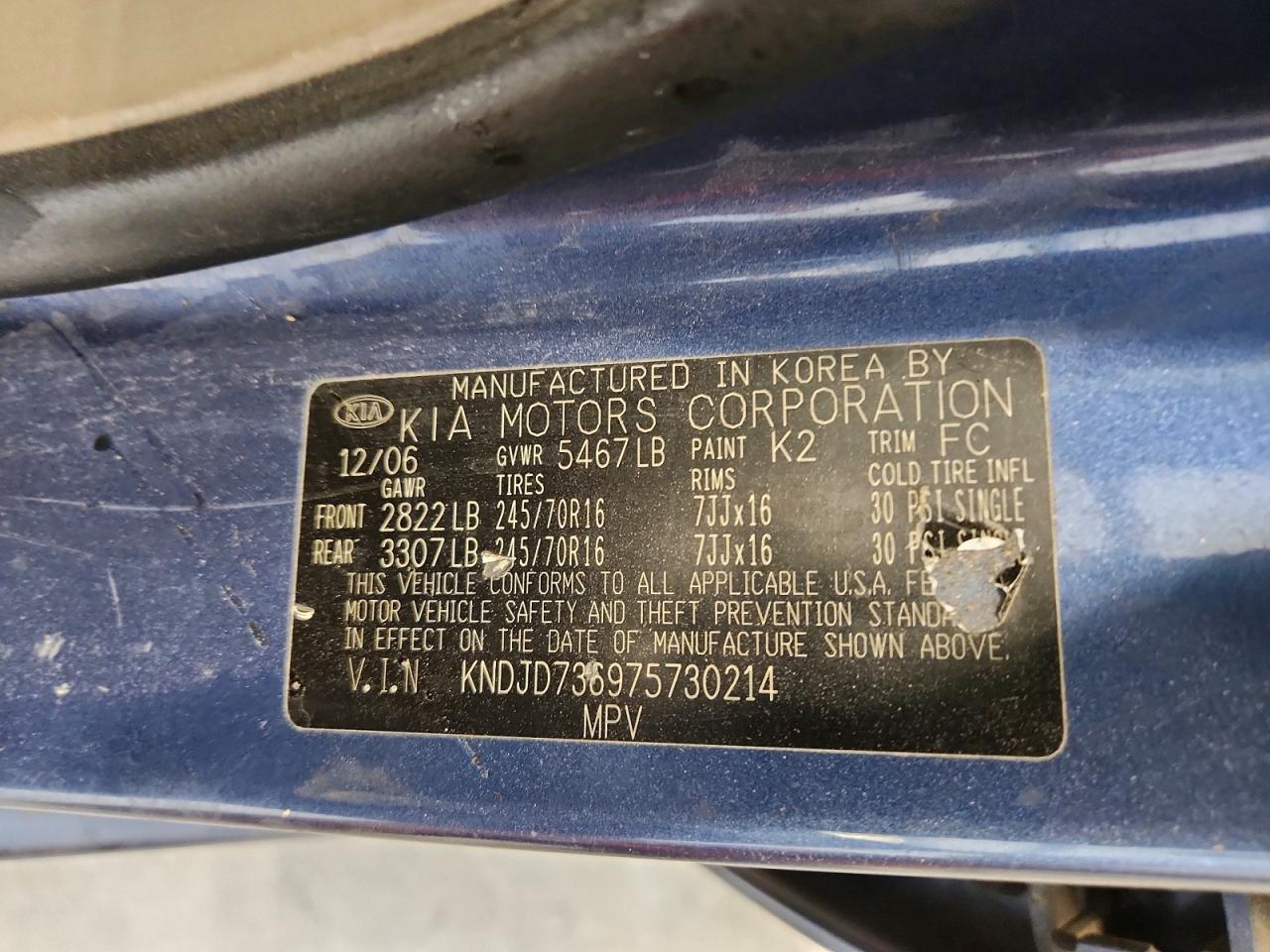 2007 Kia Sorento Base Blue vin: KNDJD736975730214