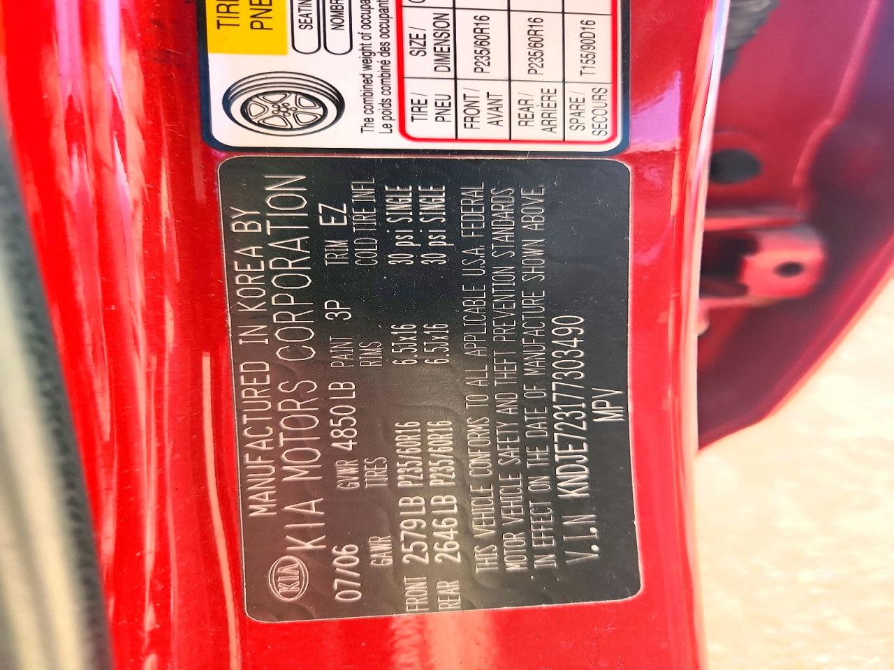 2007 Kia Sportage Ex Red vin: KNDJE723177303490