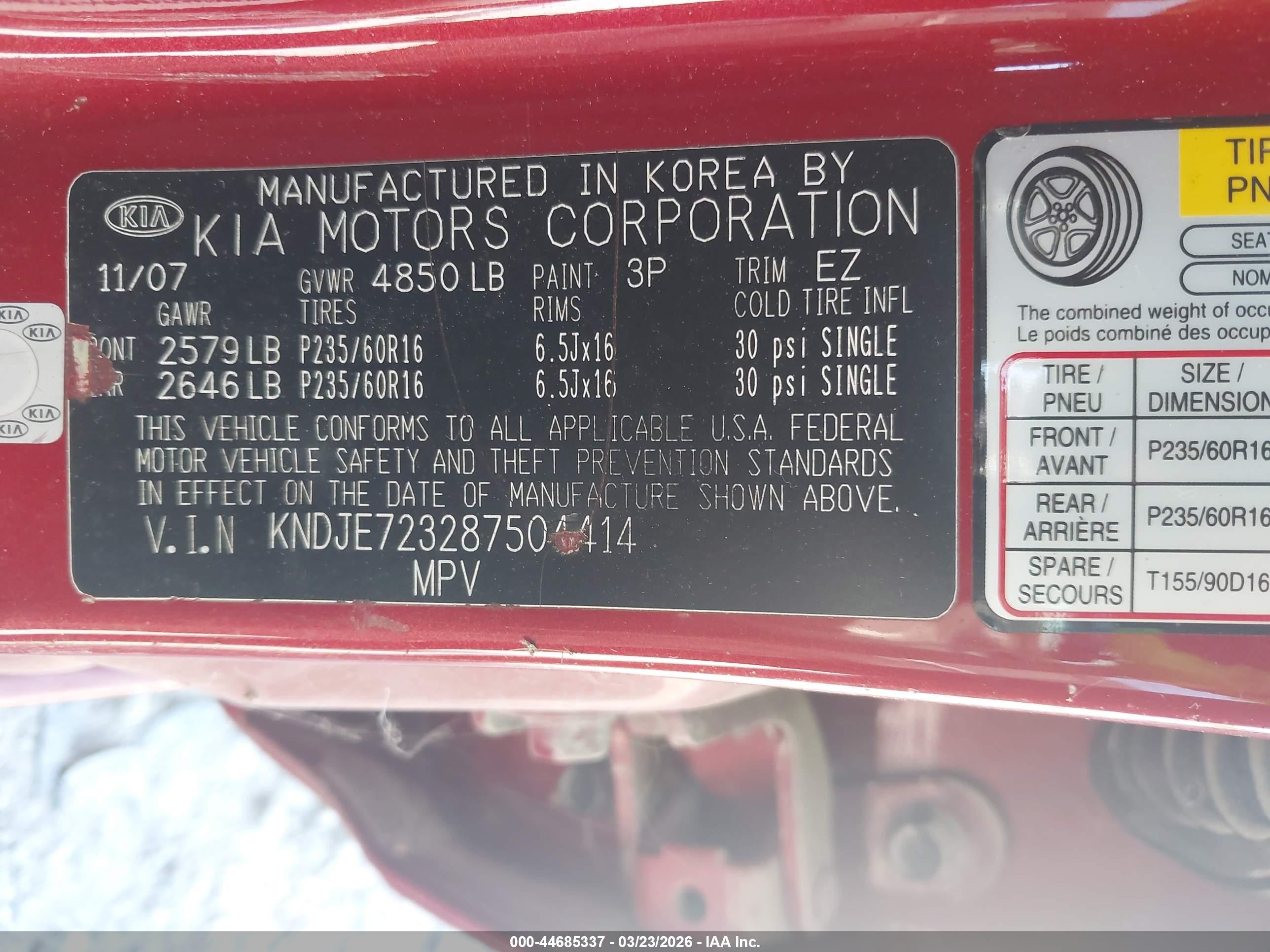 2008 Kia Sportage Lx V6 Red vin: KNDJE723287504414