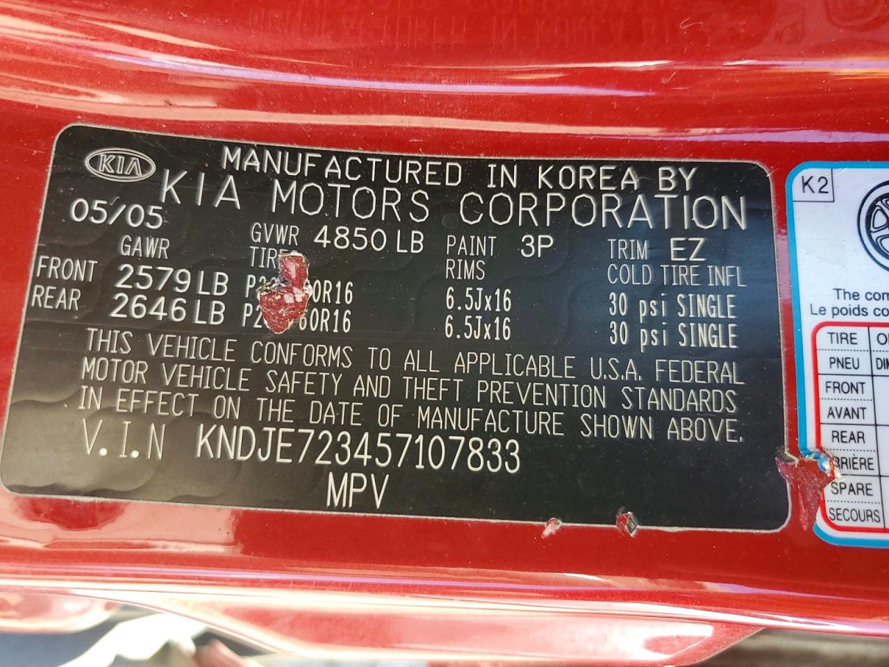 2005 Kia Sportage Lx Red vin: KNDJE723457107833