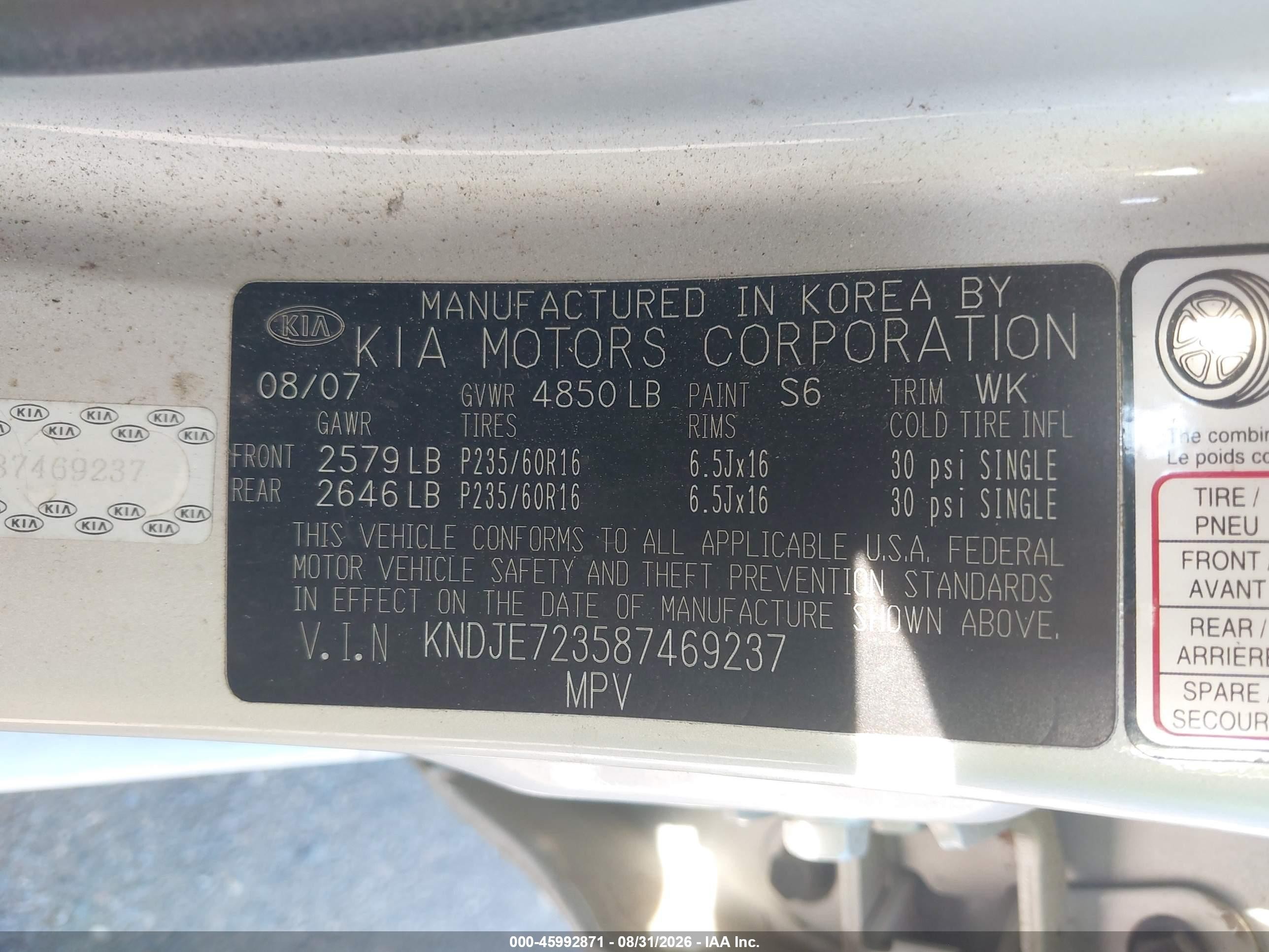 2008 Kia Sportage Lx V6 Gray vin: KNDJE723587469237