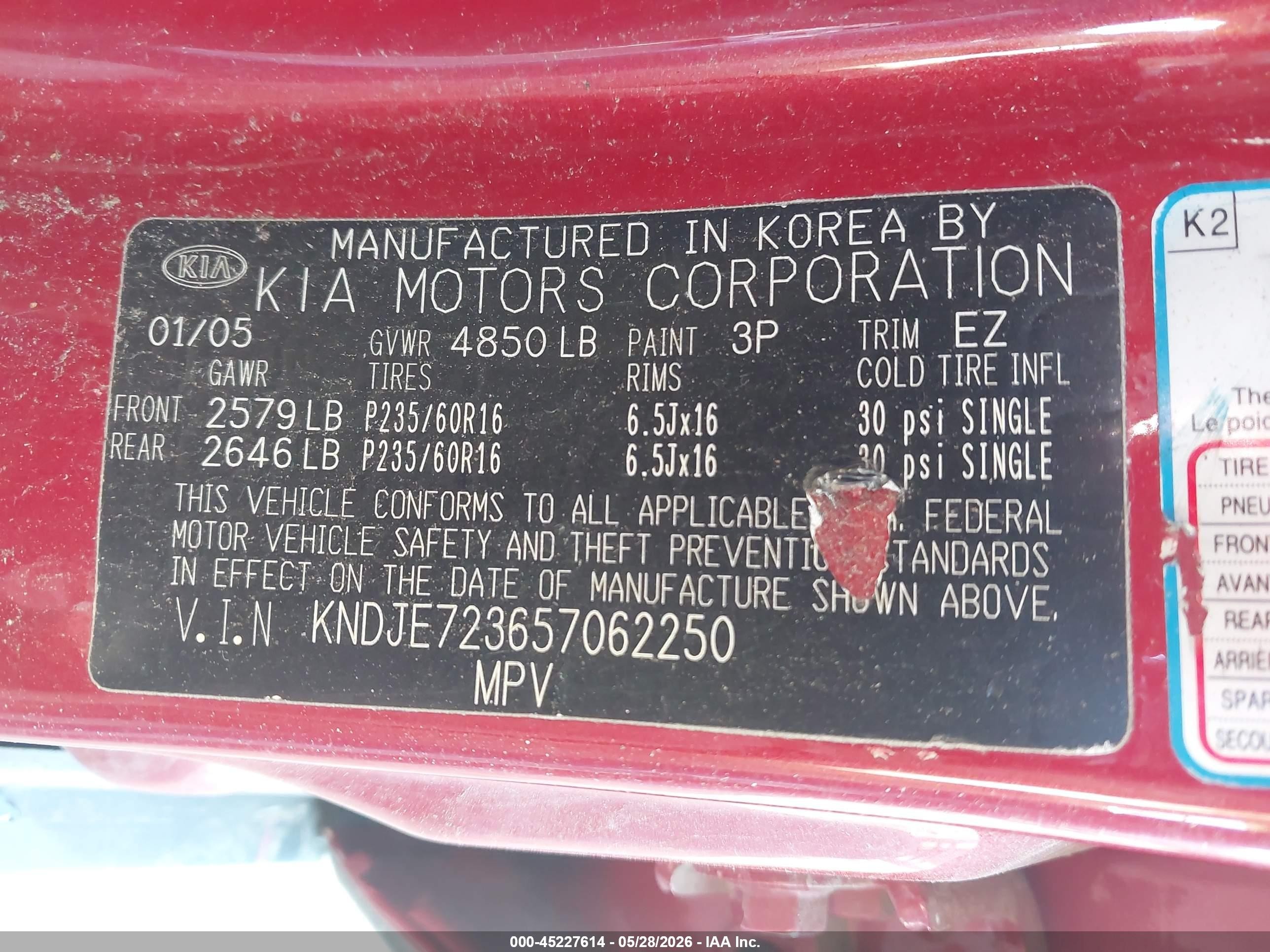 2005 Kia Sportage Ex V6/lx V6 Red vin: KNDJE723657062250