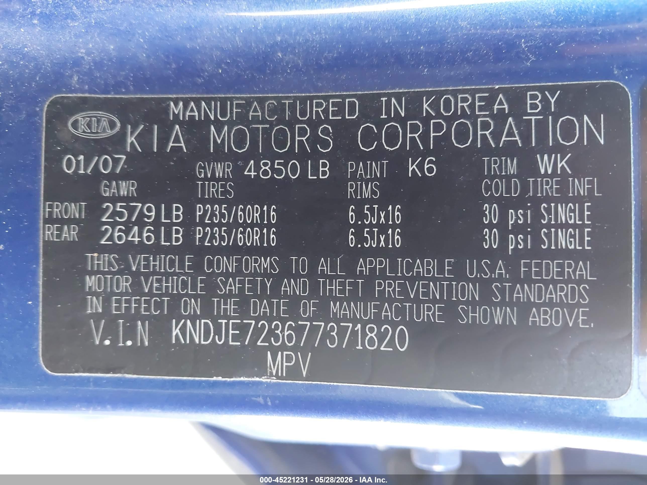 2007 Kia Sportage Ex V6 Blue vin: KNDJE723677371820