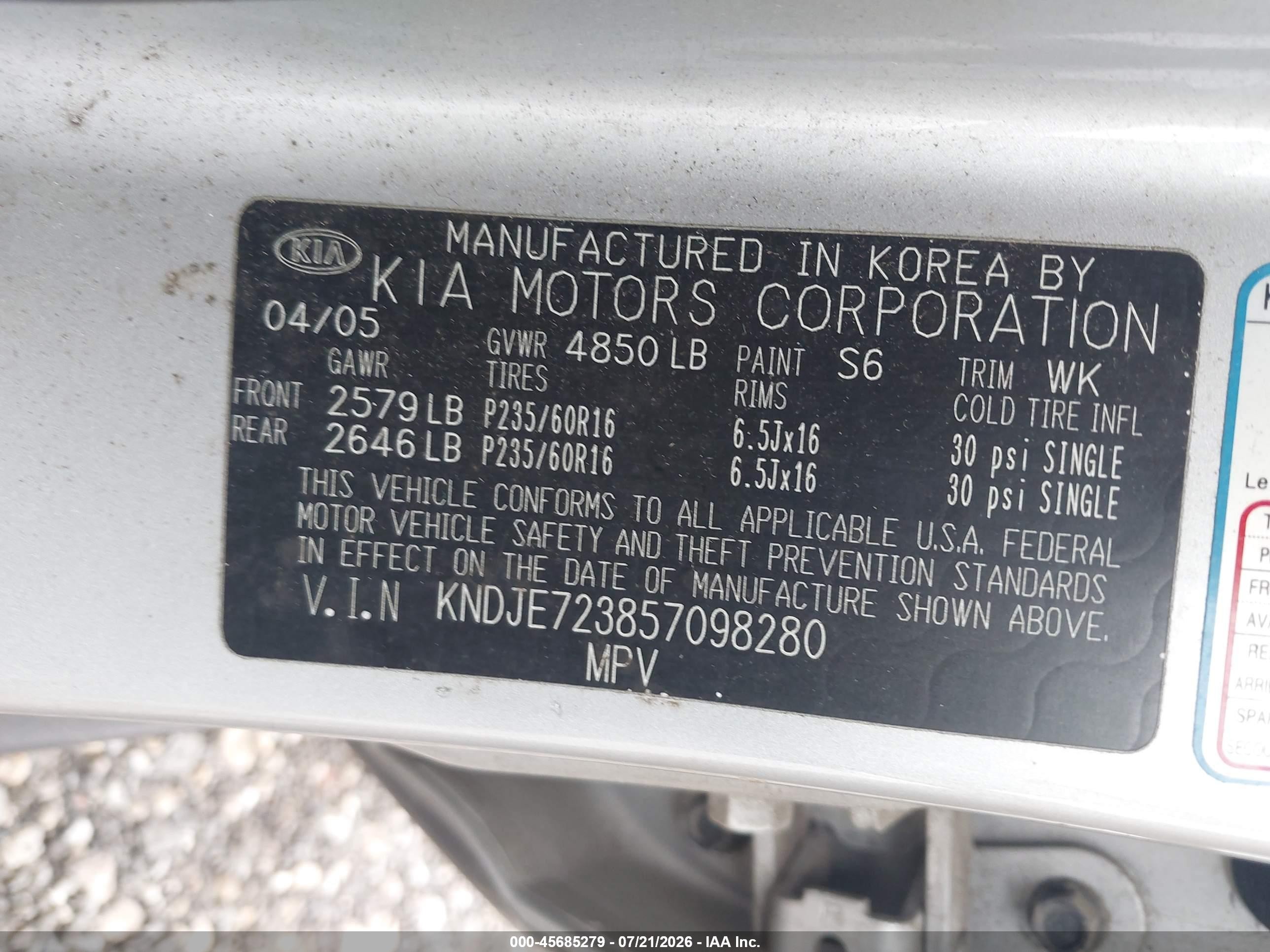 2005 Kia Sportage Ex V6/lx V6 Gray vin: KNDJE723857098280