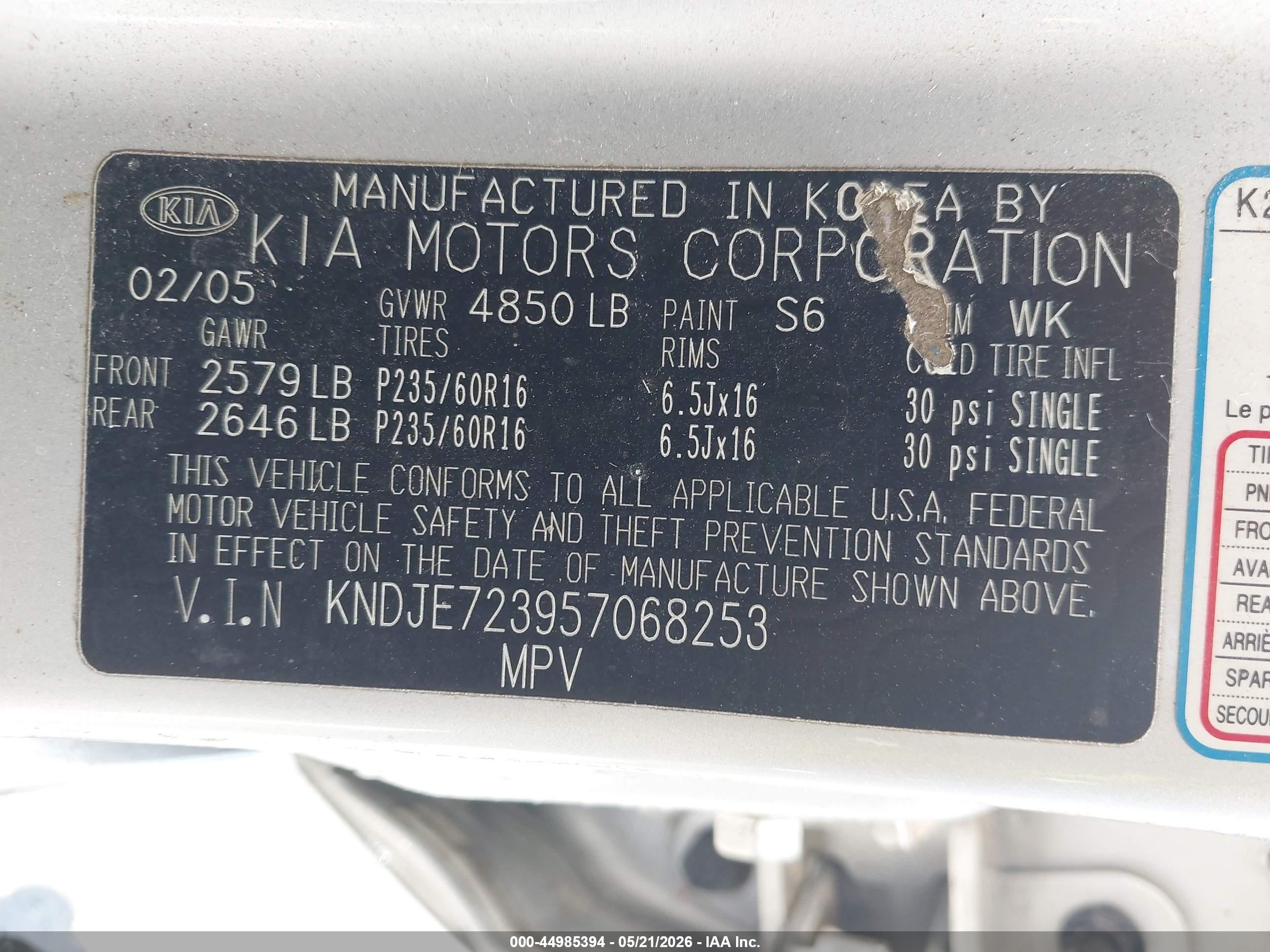 2005 Kia Sportage Ex V6/lx V6 Silver vin: KNDJE723957068253