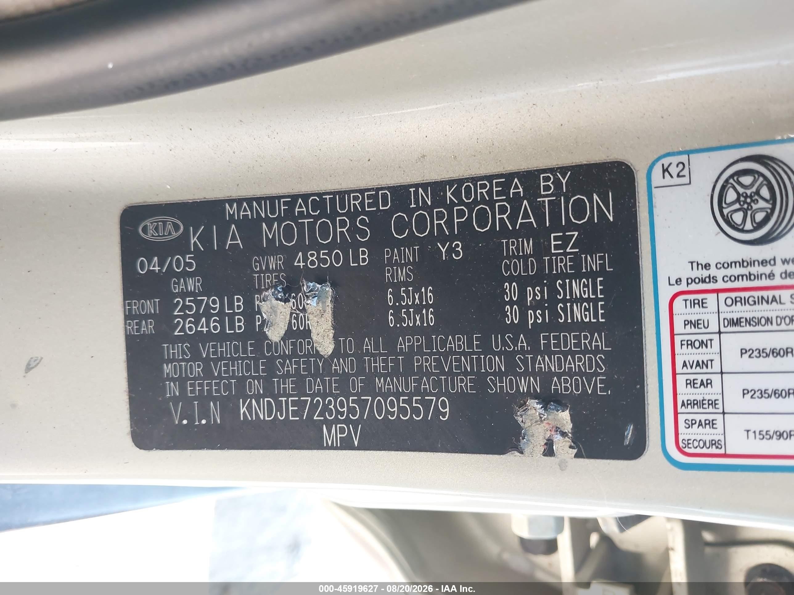 2005 Kia Sportage Ex V6/lx V6 Gold vin: KNDJE723957095579