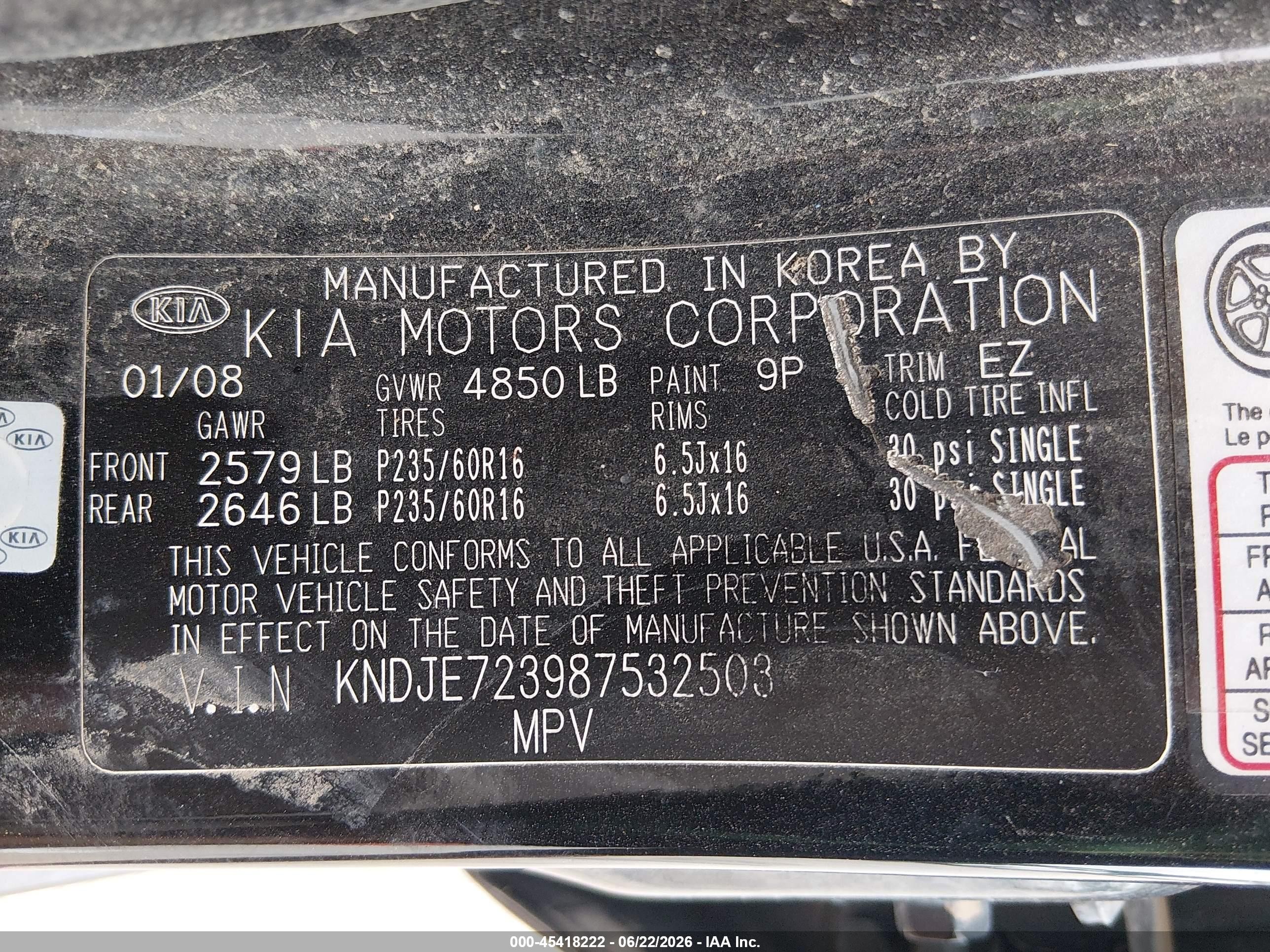 2008 Kia Sportage Lx V6 Black vin: KNDJE723987532503