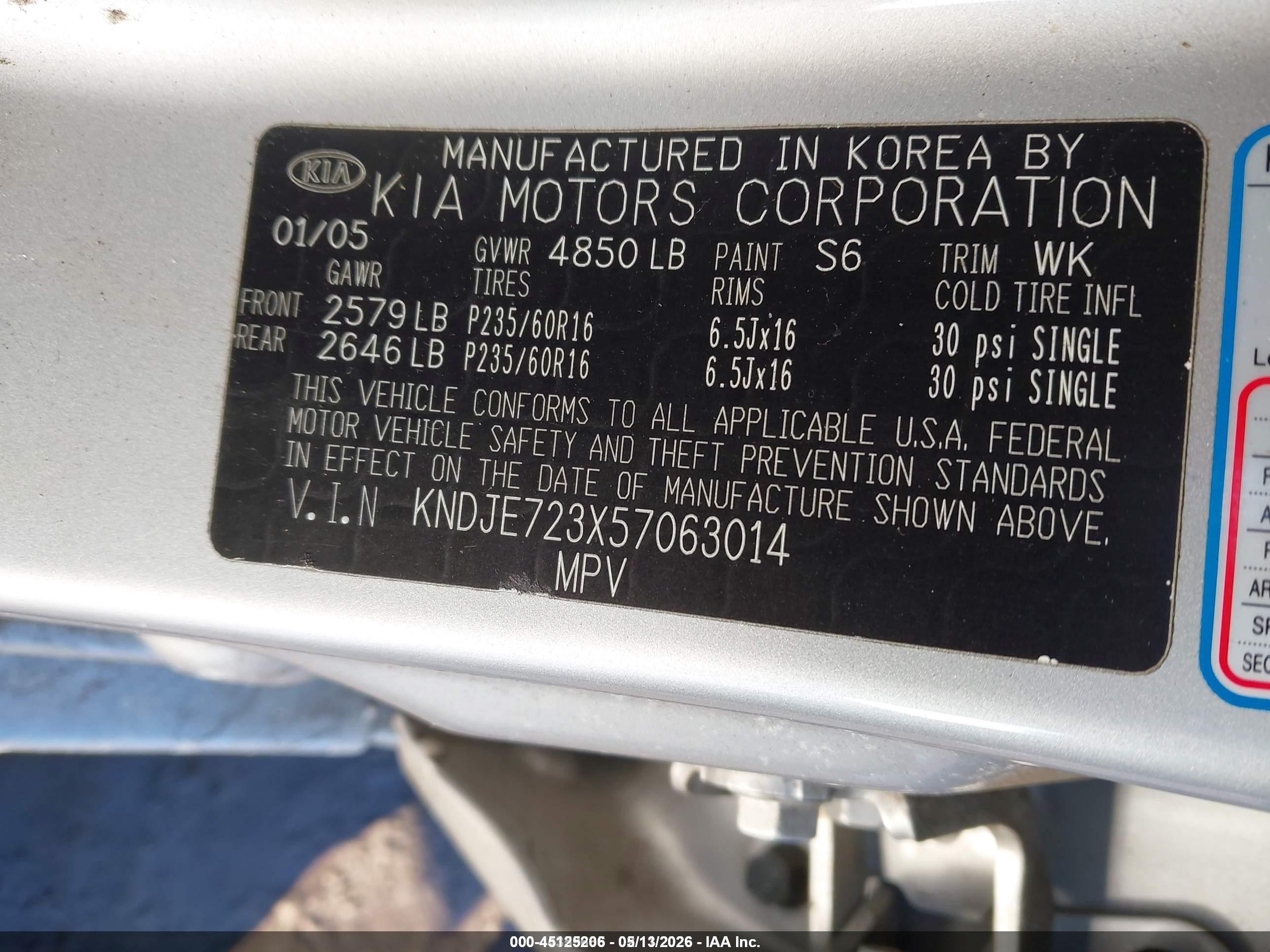 2005 Kia Sportage Ex V6/lx V6 Silver vin: KNDJE723X57063014