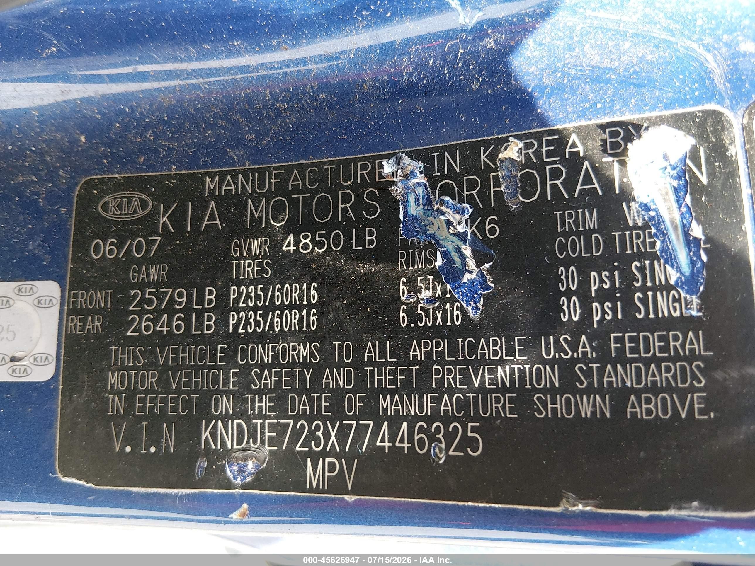 2007 Kia Sportage Lx V6 Blue vin: KNDJE723X77446325