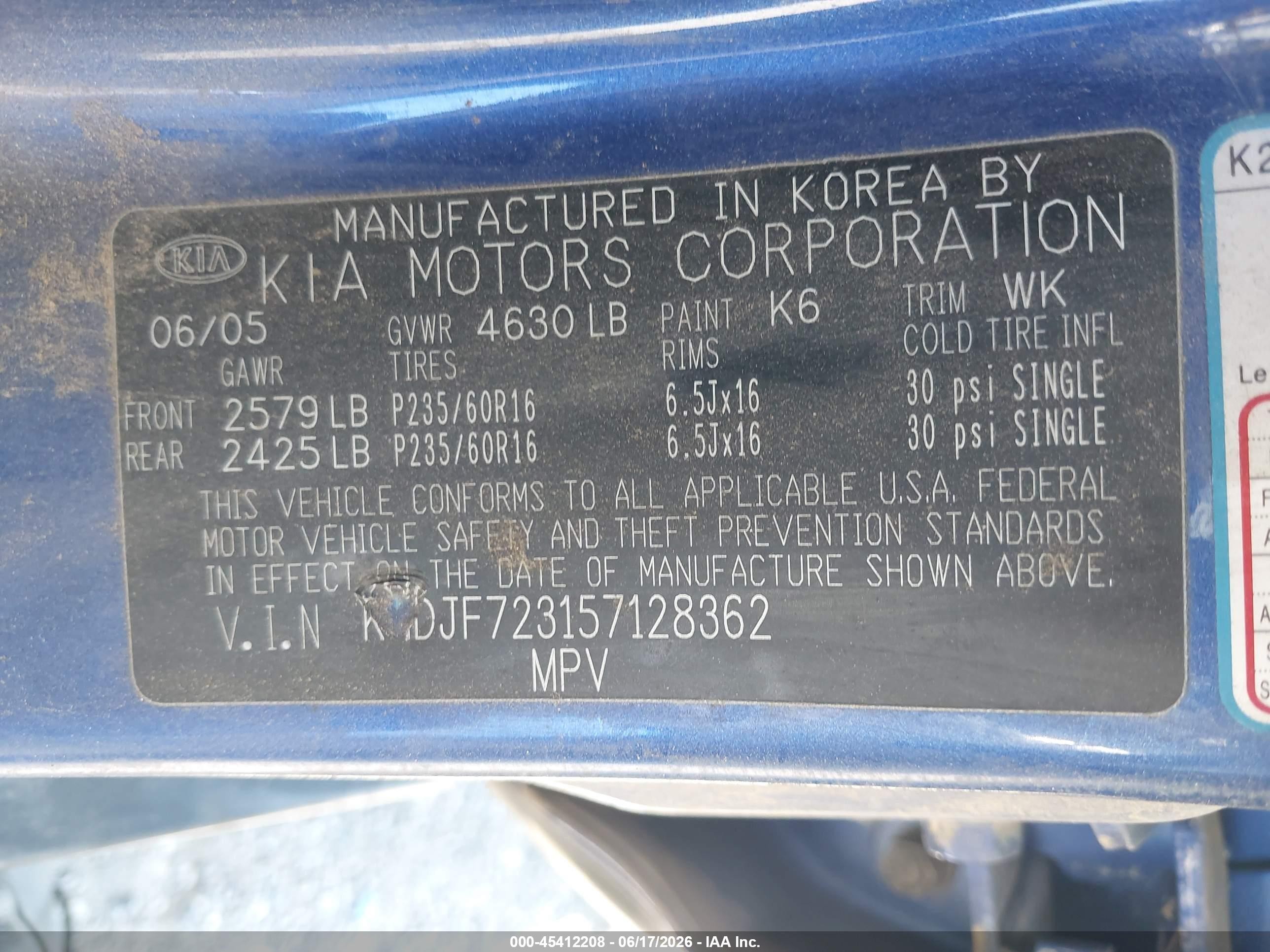 2005 Kia Sportage Ex V6/lx V6 Blue vin: KNDJF723157128362