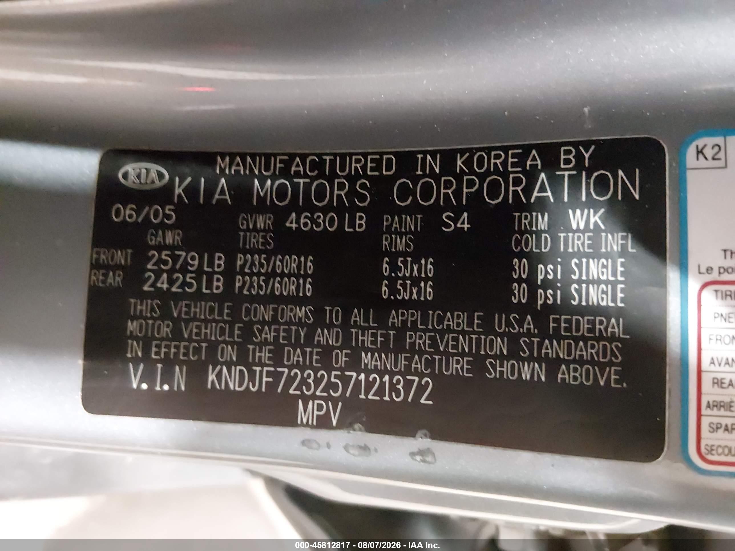 2005 Kia Sportage Ex V6/lx V6 Gray vin: KNDJF723257121372