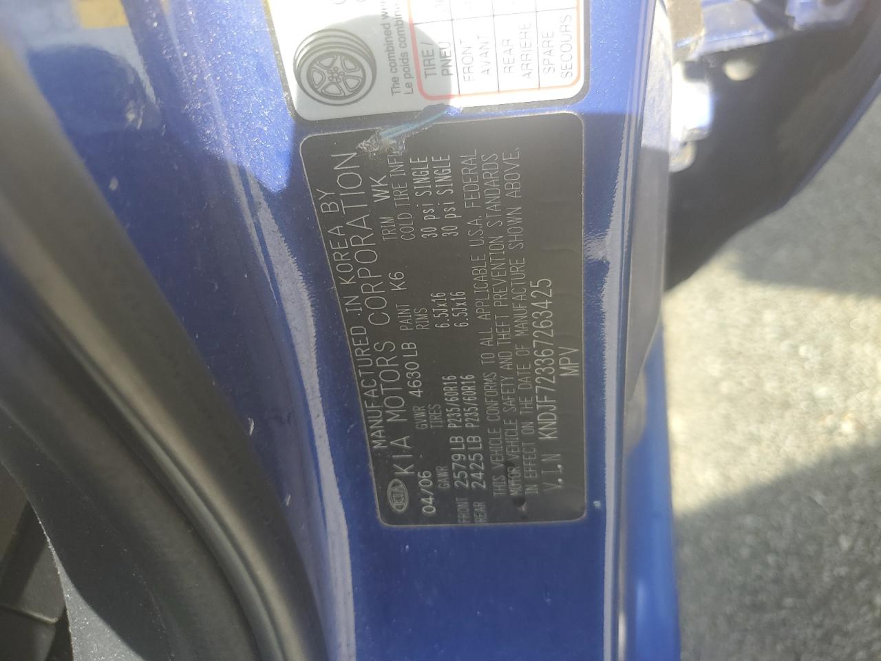 2006 Kia New Sportage    Blue vin: KNDJF723367263425