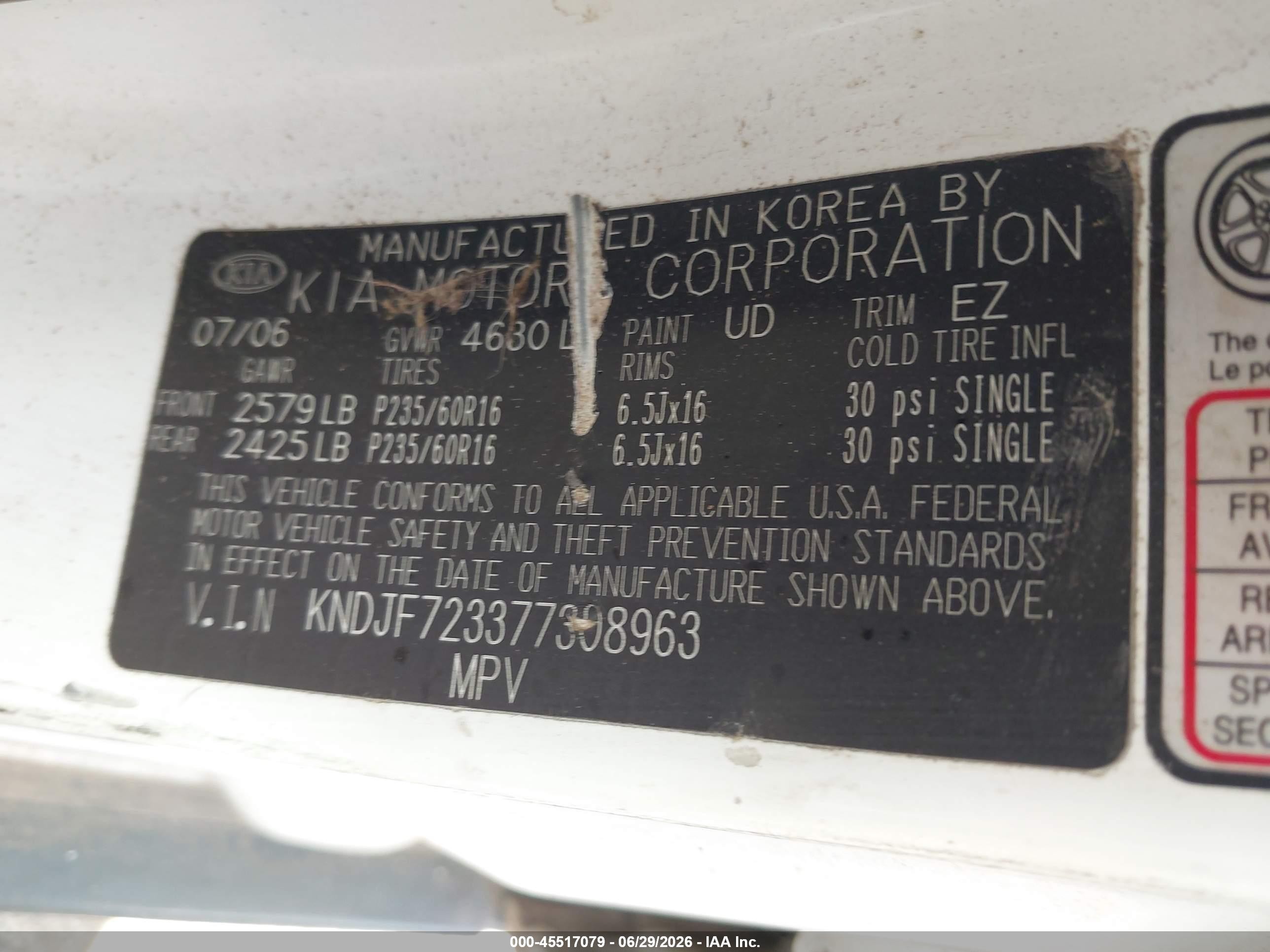 2007 Kia Sportage Ex V6 White vin: KNDJF723377308963