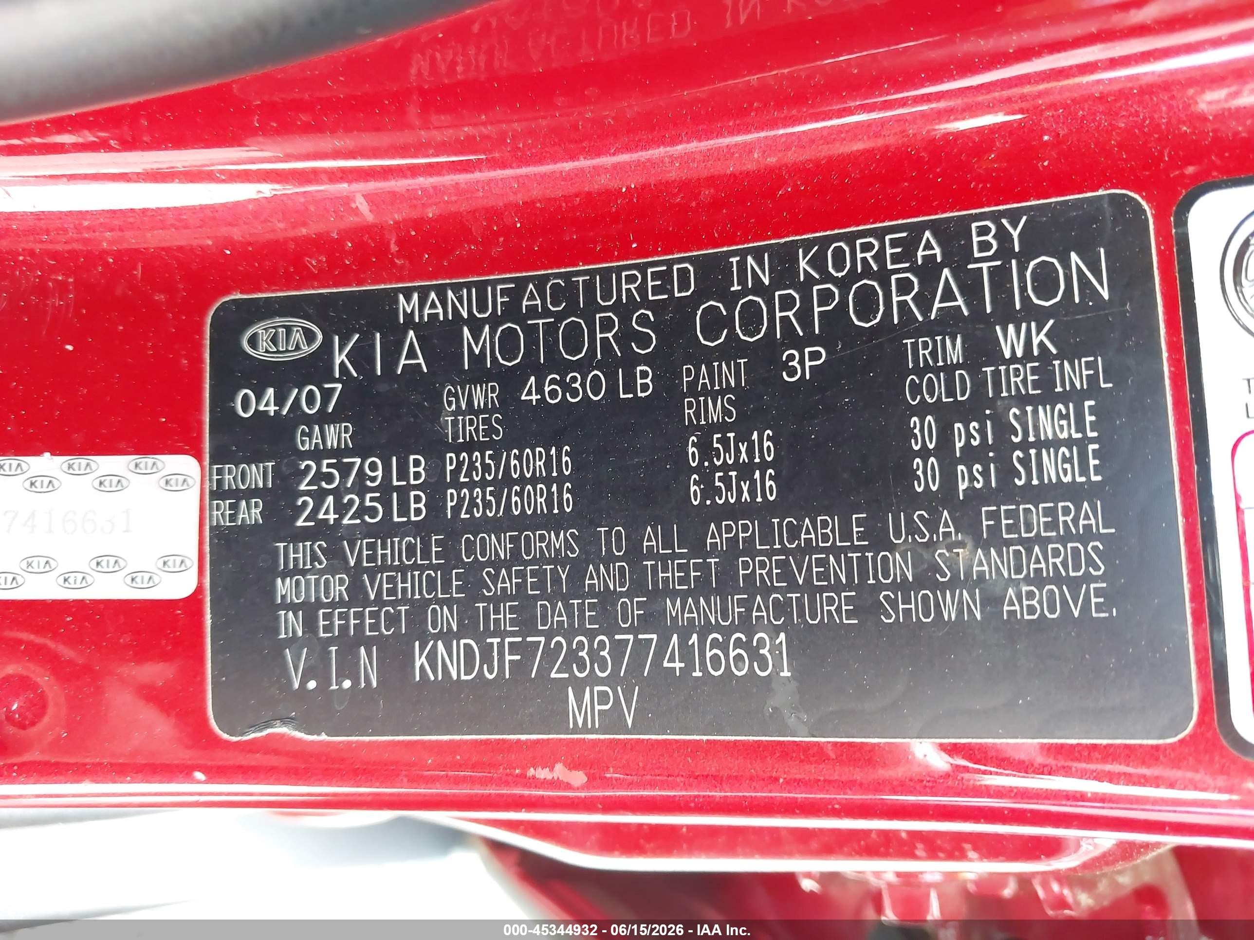 2007 Kia Sportage Lx V6 Red vin: KNDJF723377416631