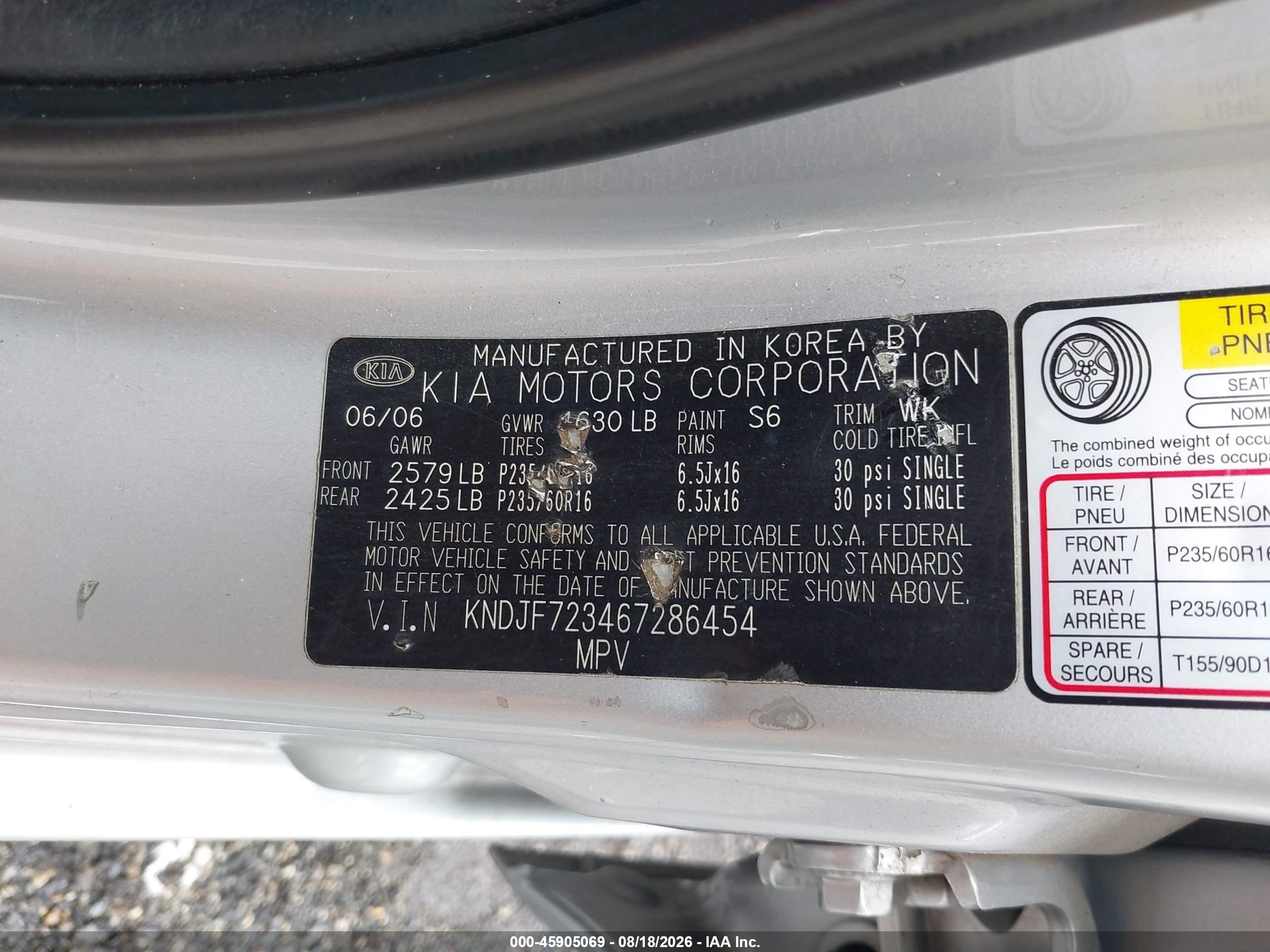 2006 Kia Sportage Ex V6/lx V6 Silver vin: KNDJF723467286454