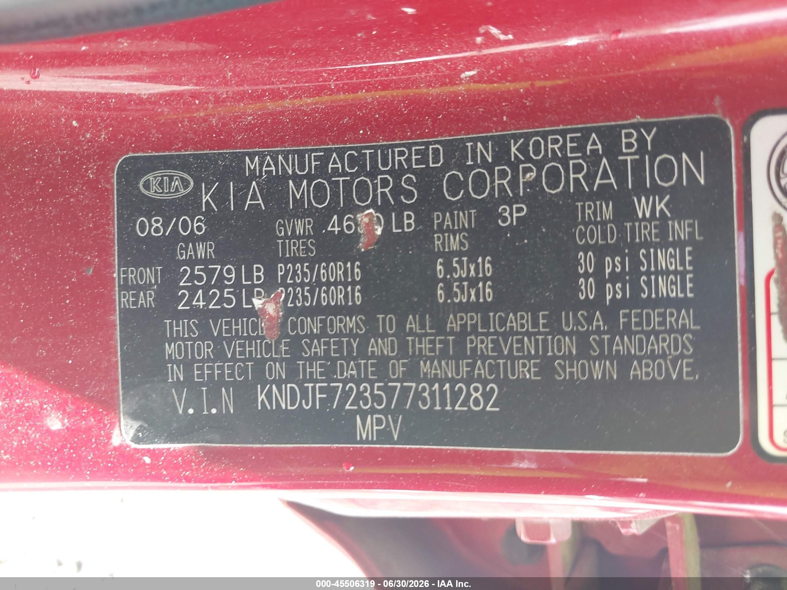 2007 Kia Sportage Lx V6 Red vin: KNDJF723577311282
