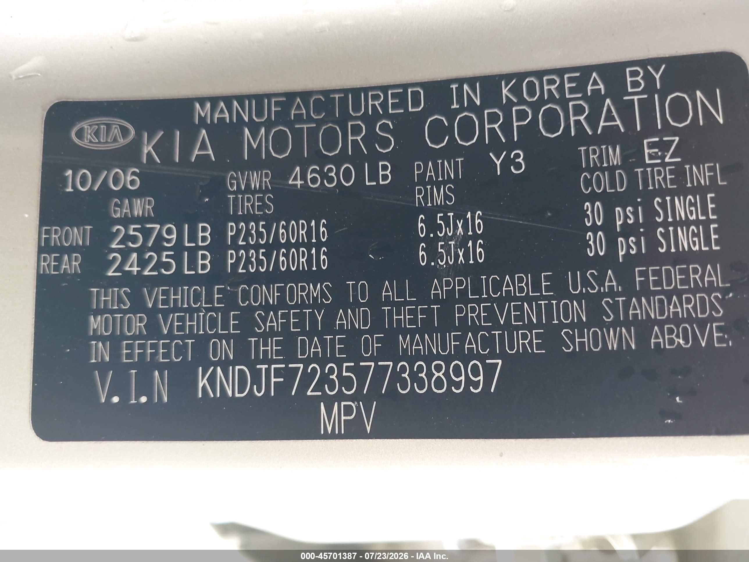 2007 Kia Sportage Lx V6 Green vin: KNDJF723577338997