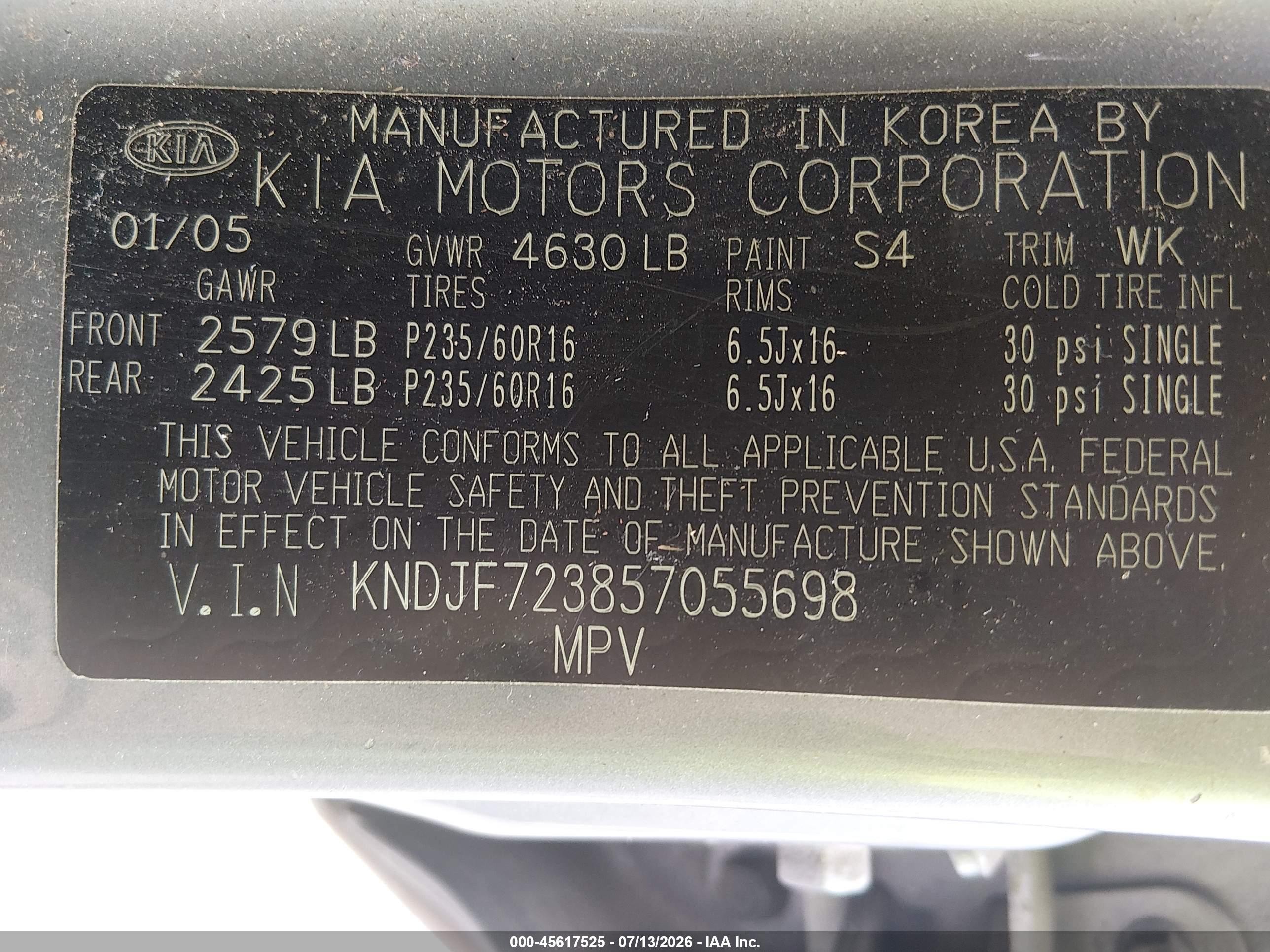 2005 Kia Sportage Ex V6/lx V6 Gray vin: KNDJF723857055698