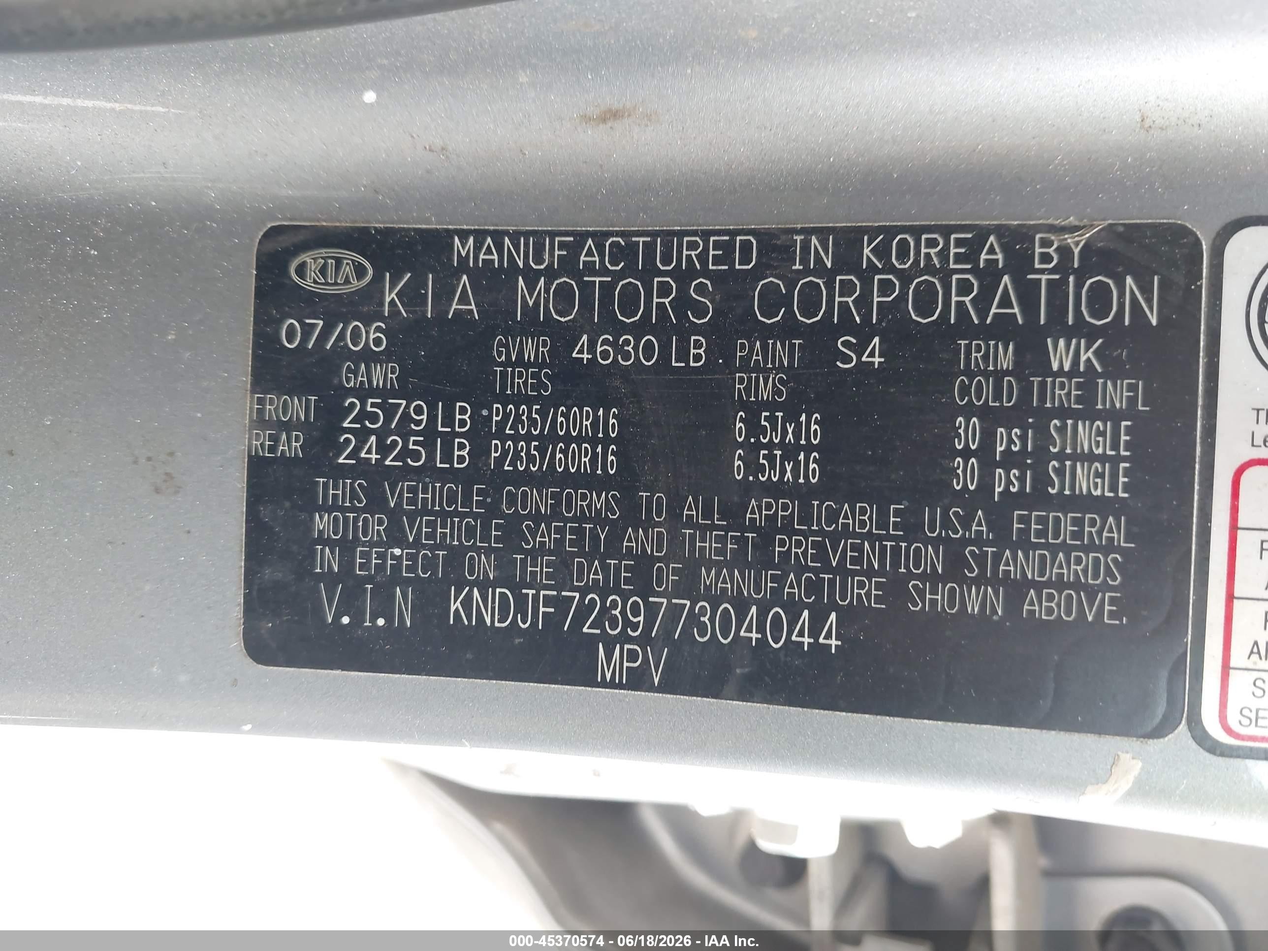 2007 Kia Sportage Lx V6 Gray vin: KNDJF723977304044