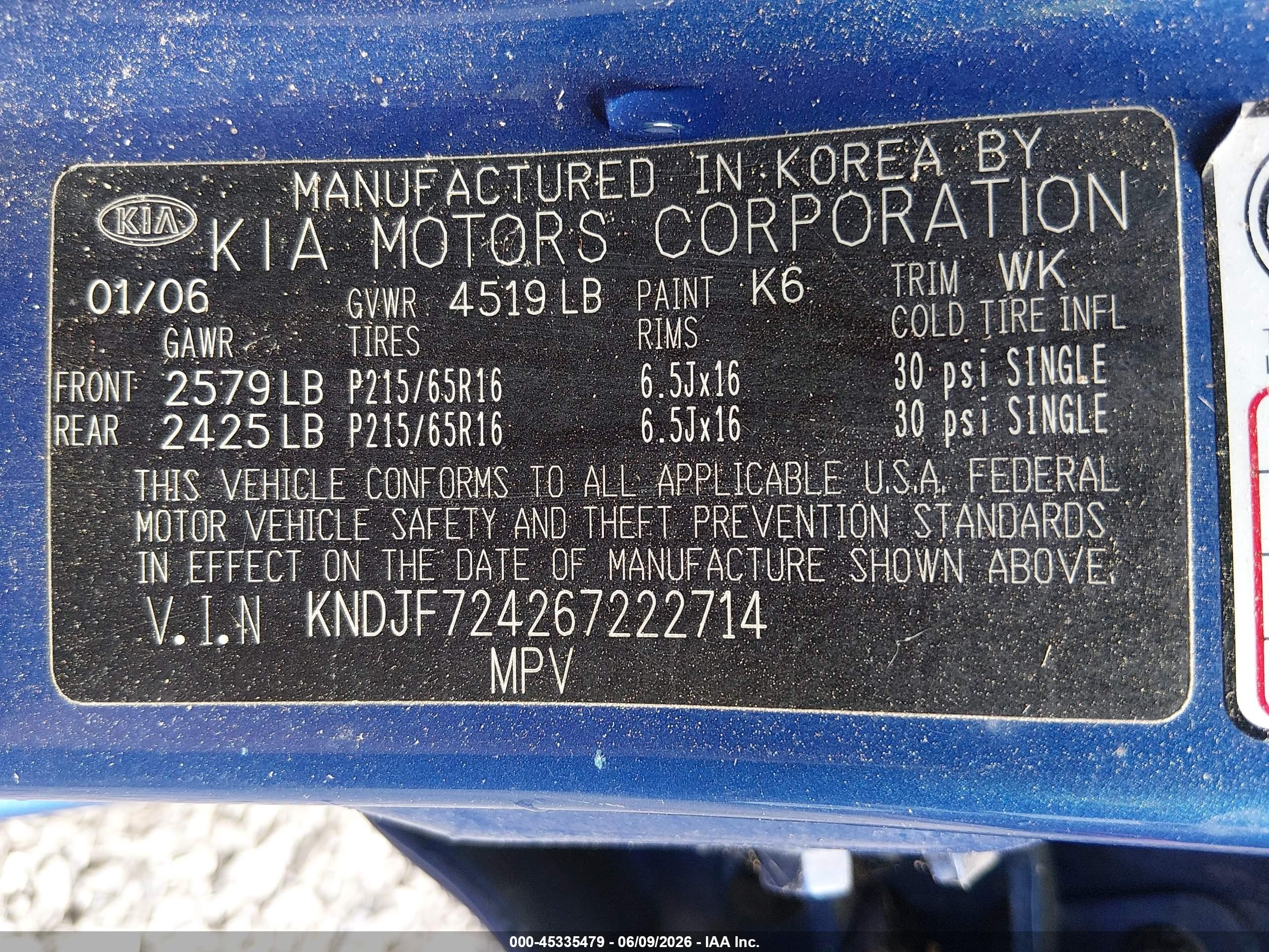 2006 Kia Sportage Lx Blue vin: KNDJF724267222714