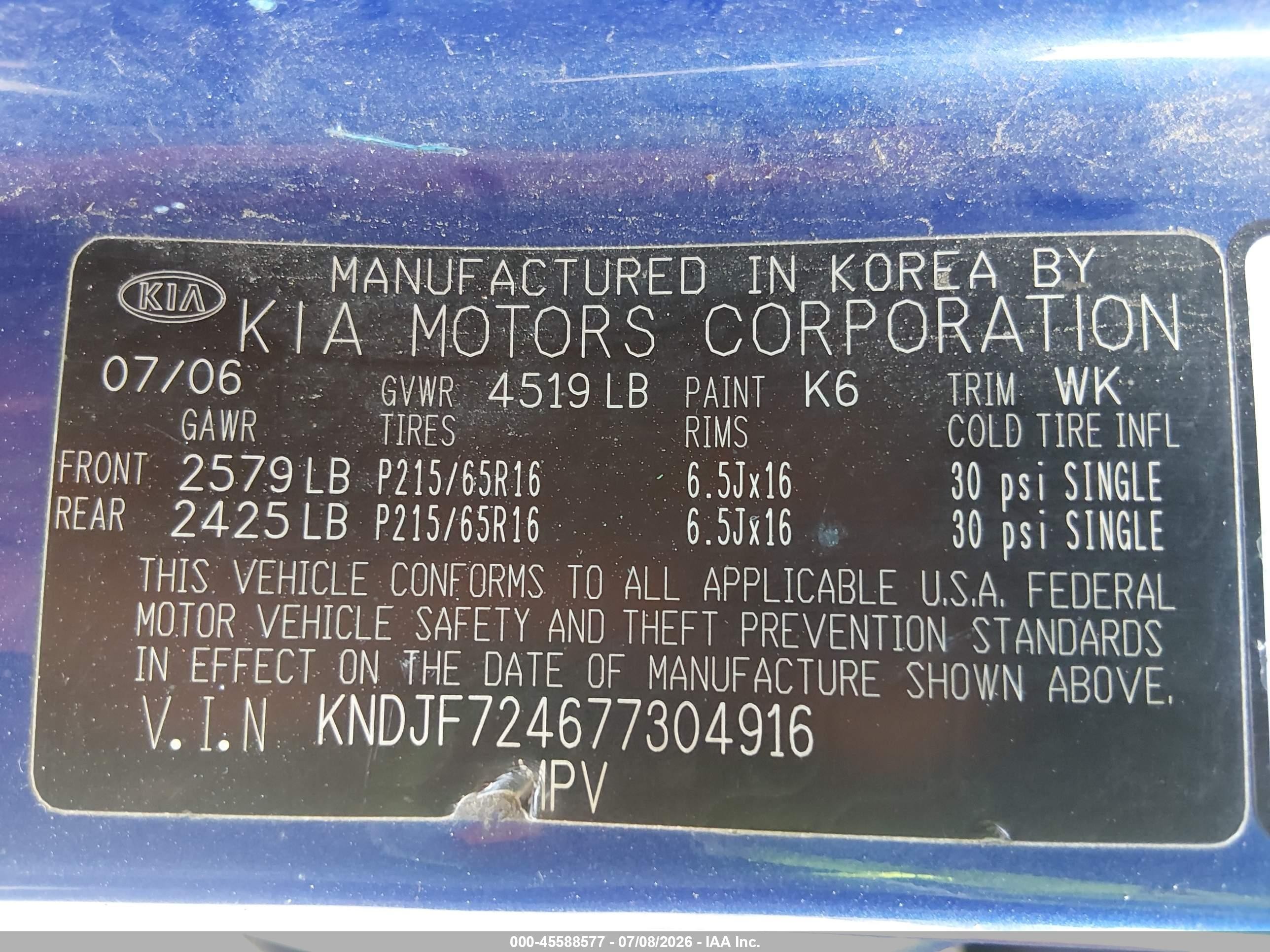 2007 Kia Sportage Lx Blue vin: KNDJF724677304916