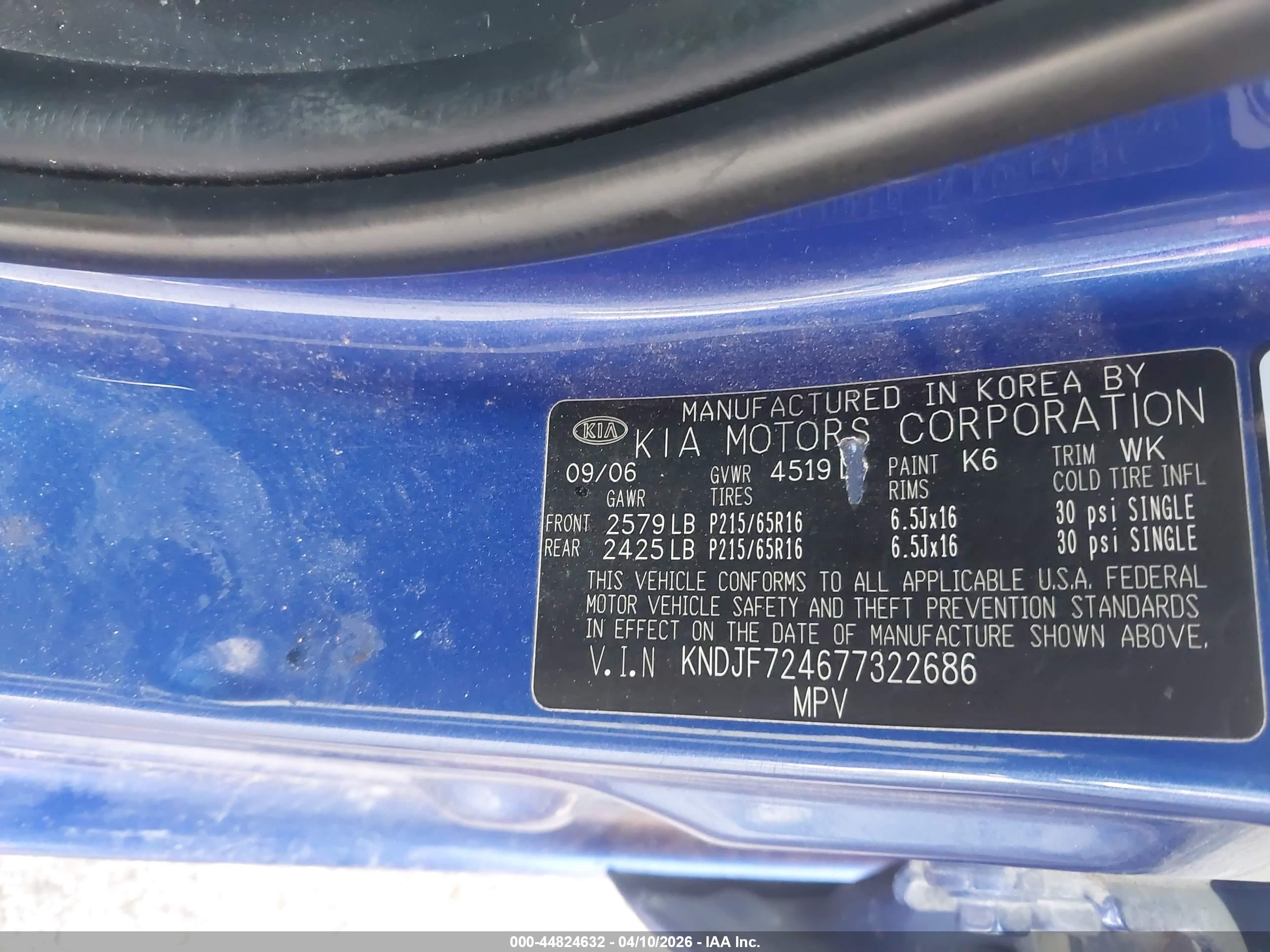 2007 Kia Sportage Lx Blue vin: KNDJF724677322686