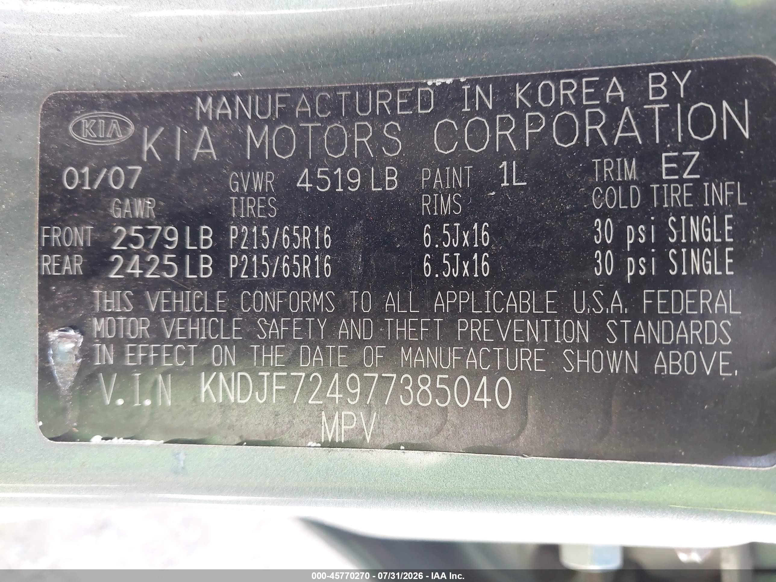 2007 Kia Sportage Lx Green vin: KNDJF724977385040