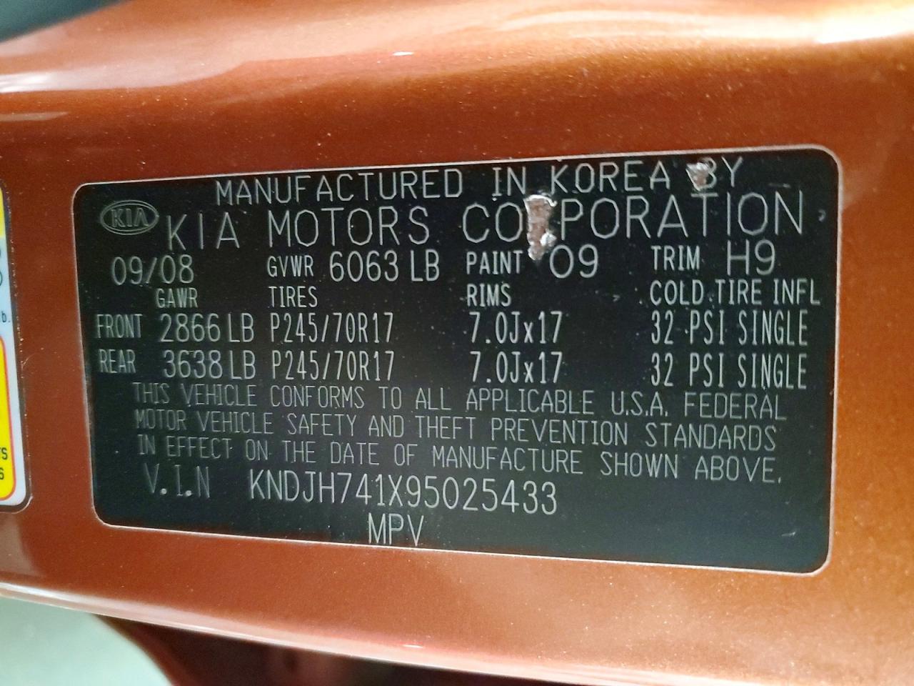 2009 Kia Borrego Lx Оранжевый vin: KNDJH741X95025433