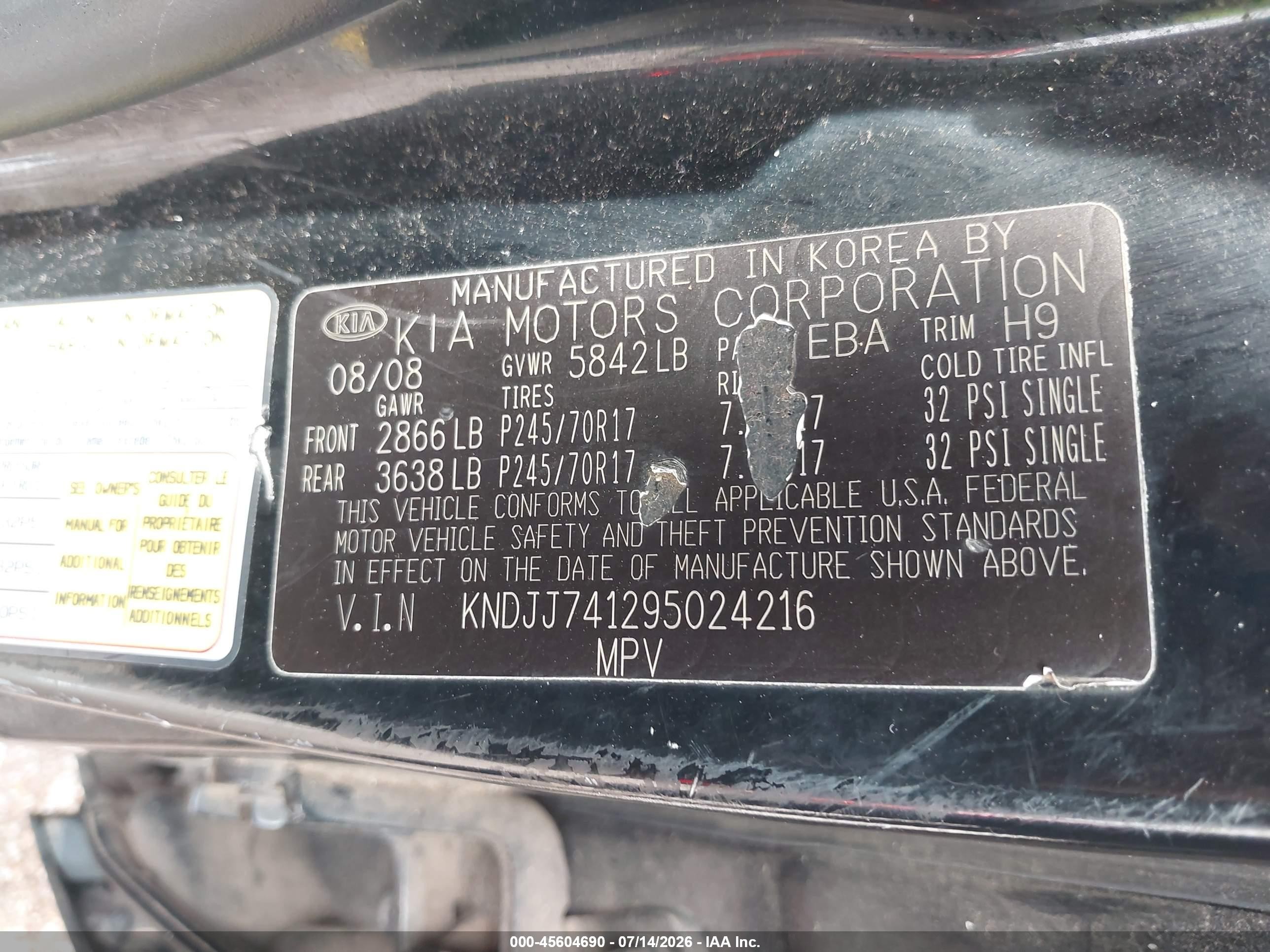 2009 Kia Borrego Lx Black vin: KNDJJ741295024216