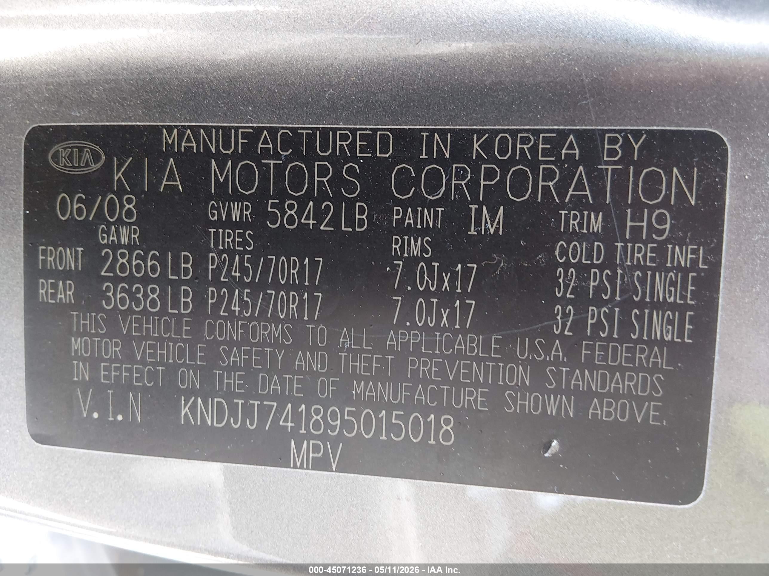 2009 Kia Borrego Lx Gray vin: KNDJJ741895015018
