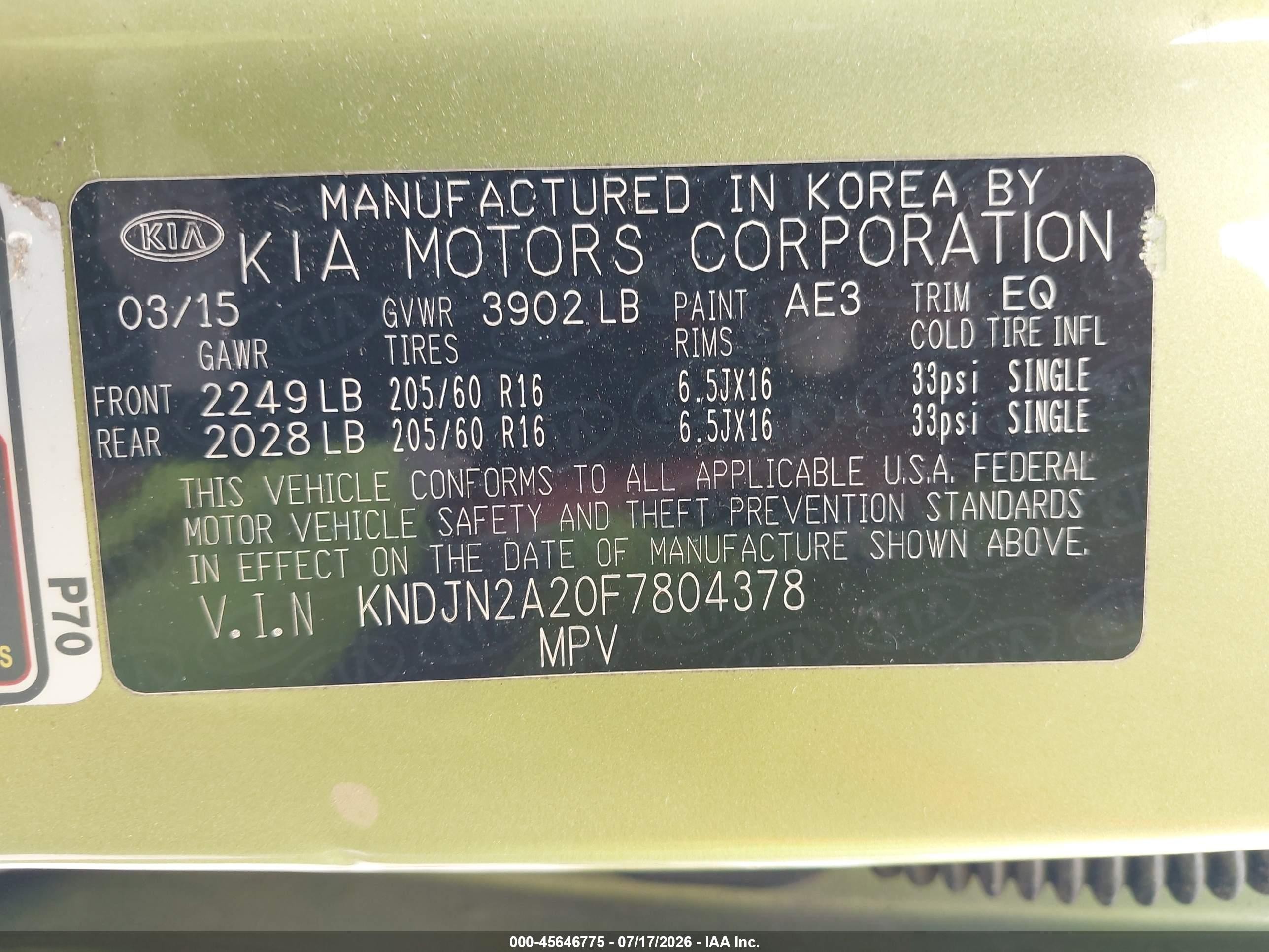 2015 Kia Soul Green vin: KNDJN2A20F7804378