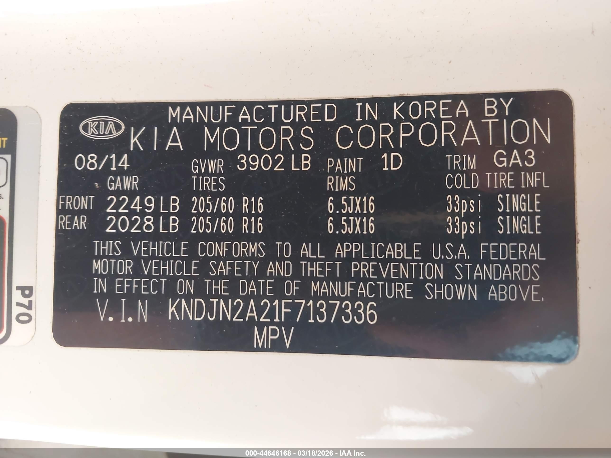 2015 Kia Soul Белый vin: KNDJN2A21F7137336