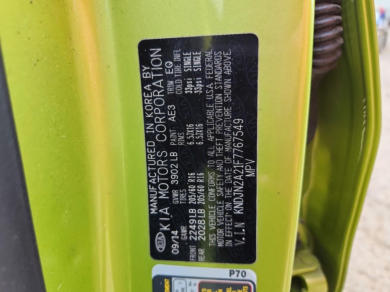 2015 Kia Soul Base Green vin: KNDJN2A21F7767549