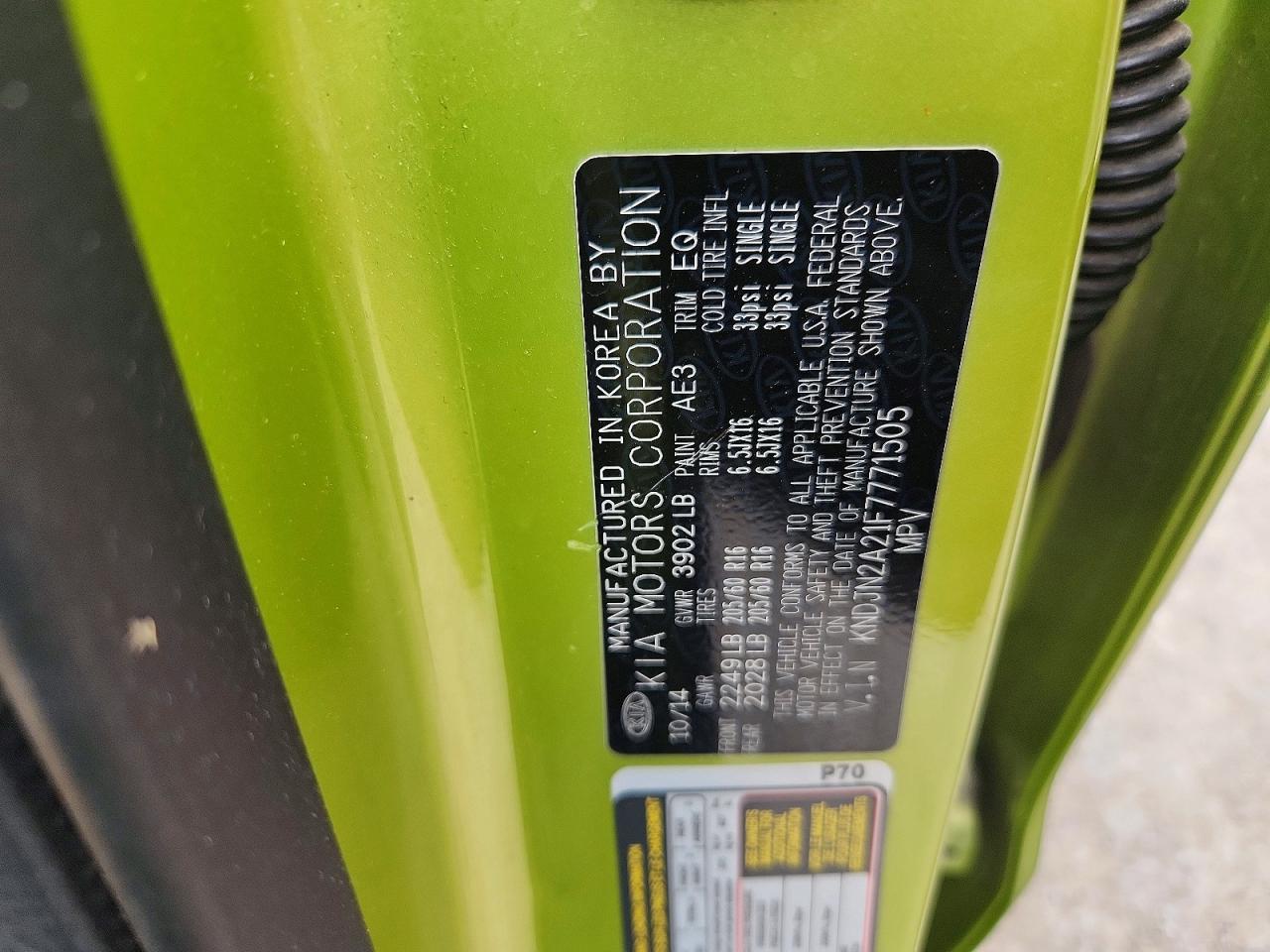2015 Kia Soul Base Green vin: KNDJN2A21F7771505
