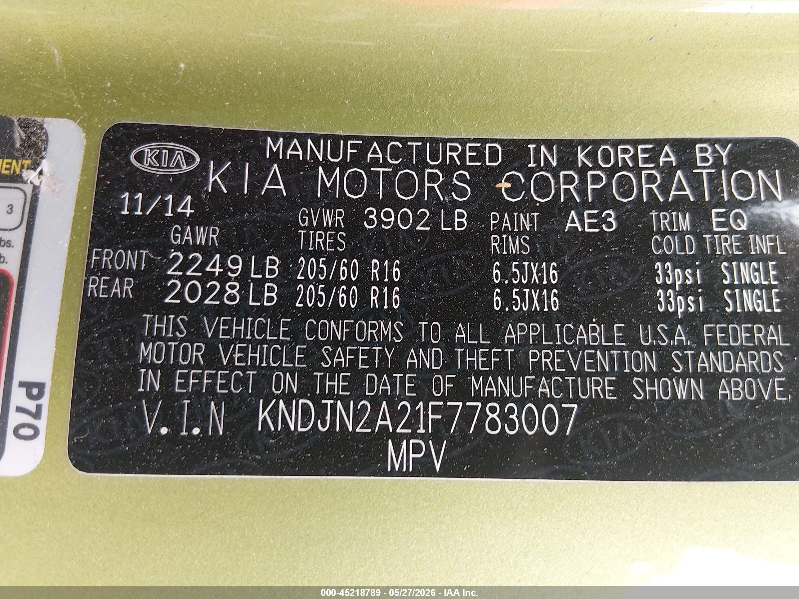 2015 Kia Soul   Green vin: KNDJN2A21F7783007